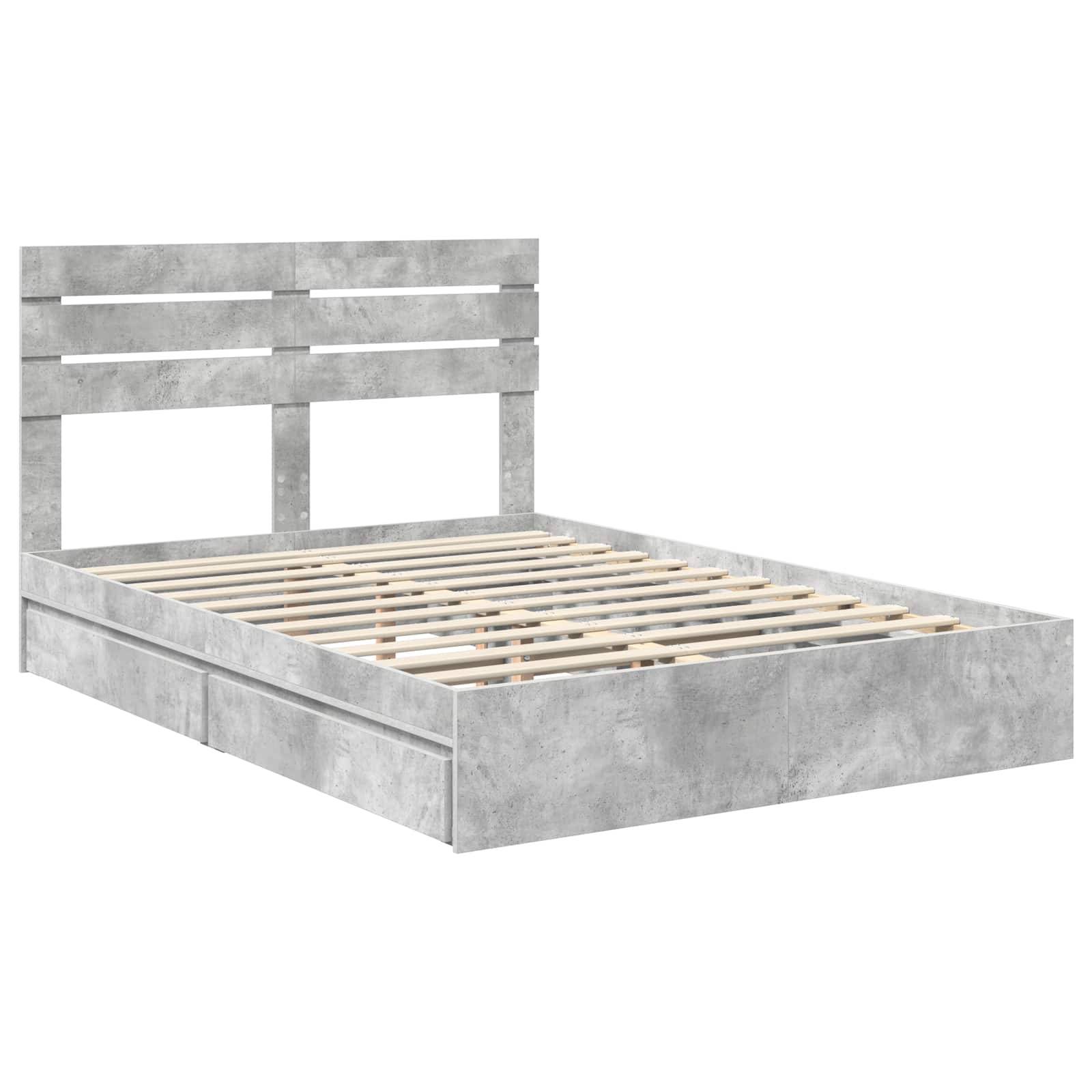Ein Bettrahmenbett in Betonoptik mit Lattenrost aus Holz und Kopfteil, das zwei eingebaute Seitenstauboxen mit Schubladenfunktion zeigt.