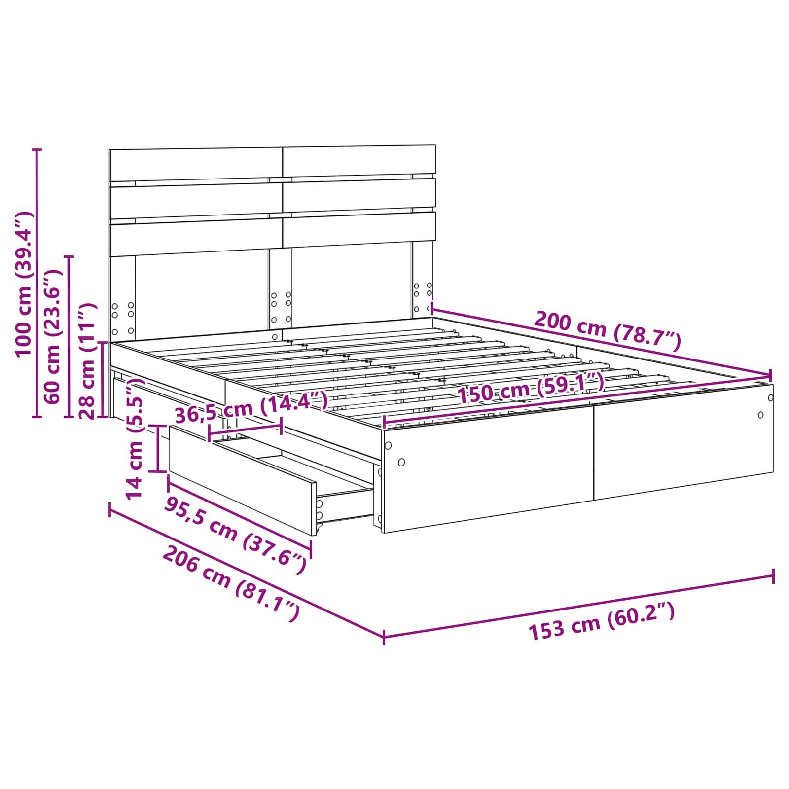 Diagramm eines Bettgestells mit Maßen: Höhe 100 cm, Breite 153 cm, Länge 206 cm. Zusätzliche Höhenangaben: Kopfteil 60 cm, Fußteil 28 cm.
