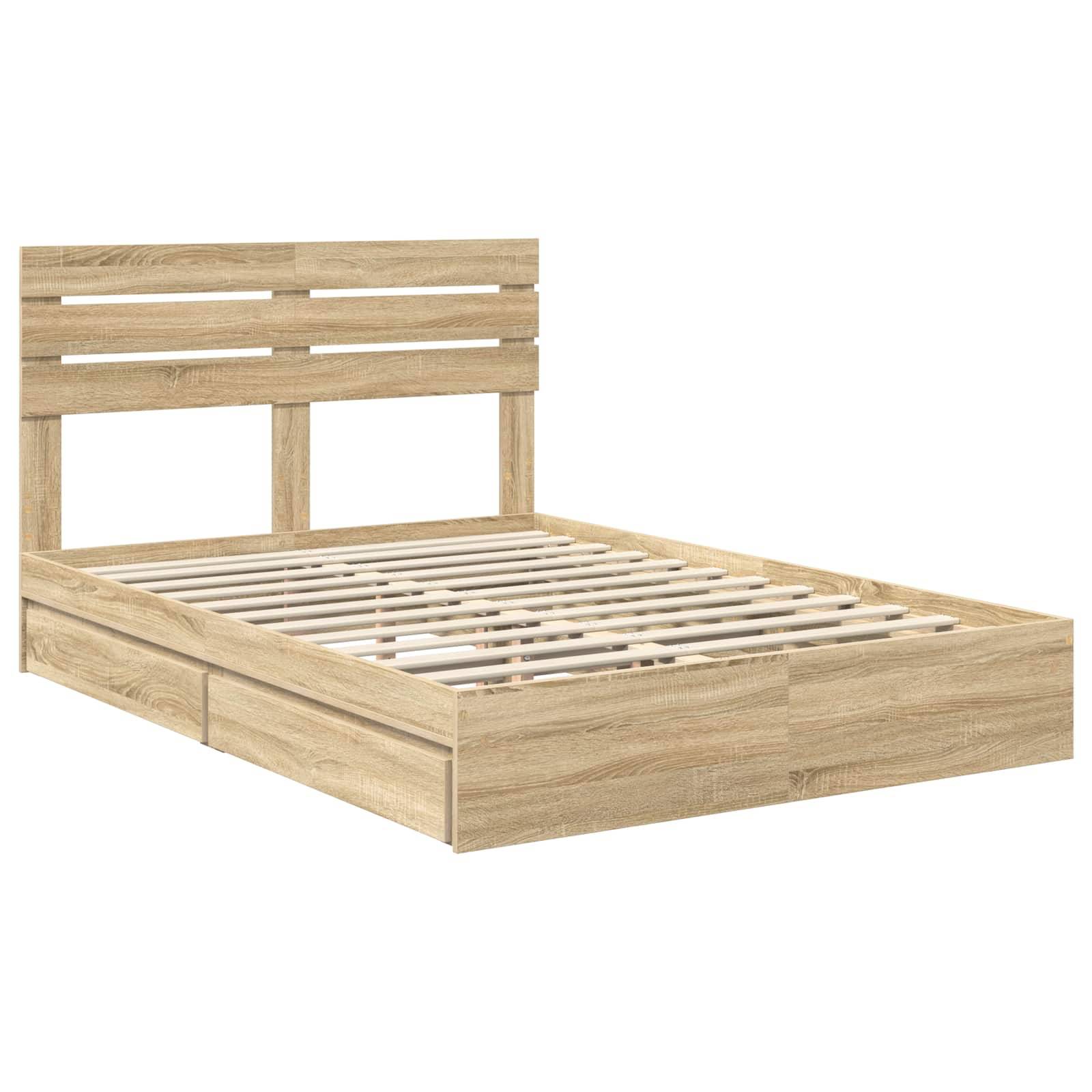 Ein Holzbettgestell mit einem Lattenrost-Kopfteil und Staurageschubladen darunter, geeignet für eine Königsgröße-Matratze.