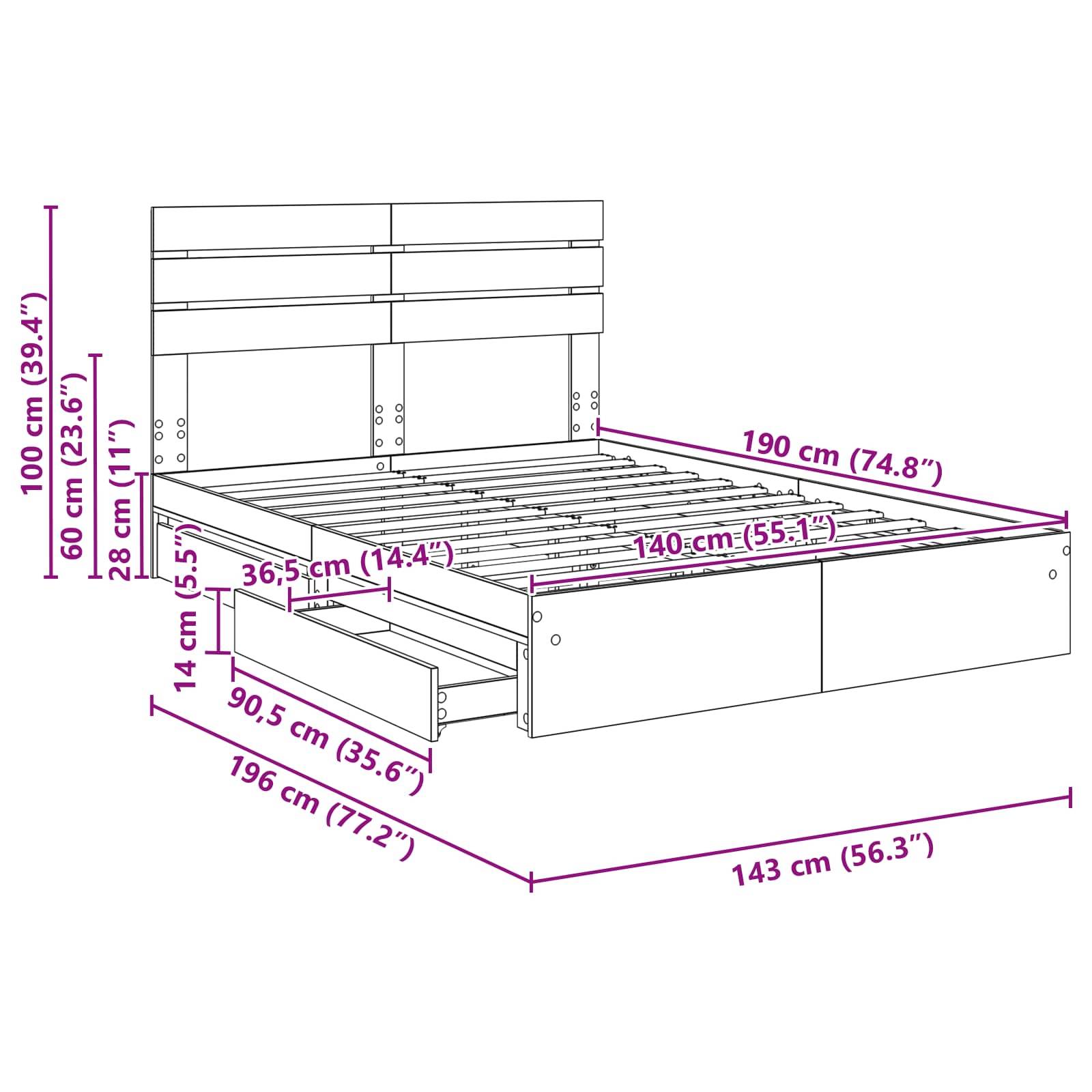 Skizze eines Bettgestells mit Abmessungen: Länge 196 cm, Breite 143 cm. Kopfteil Höhe 100 cm, Fußteil 28 cm. Enthält eine ausziehbare Schublade.