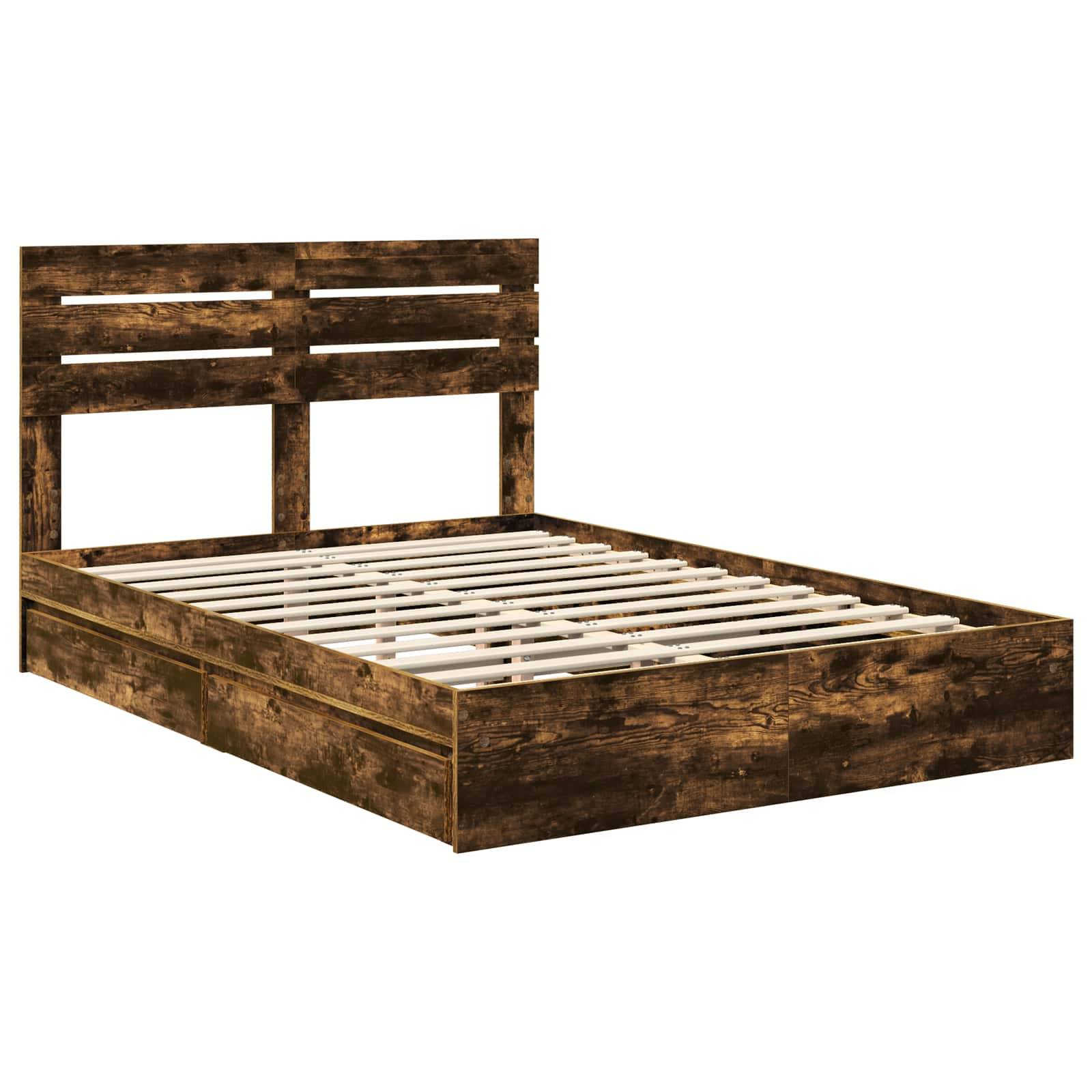 Ein Holzbettgestell mit rustikalem Design, ausgestattet mit einem Lattenrost-Kopfteil und einer stabilen Basis. Der Rahmen weist einen dunklen, verwitterten Finish auf.