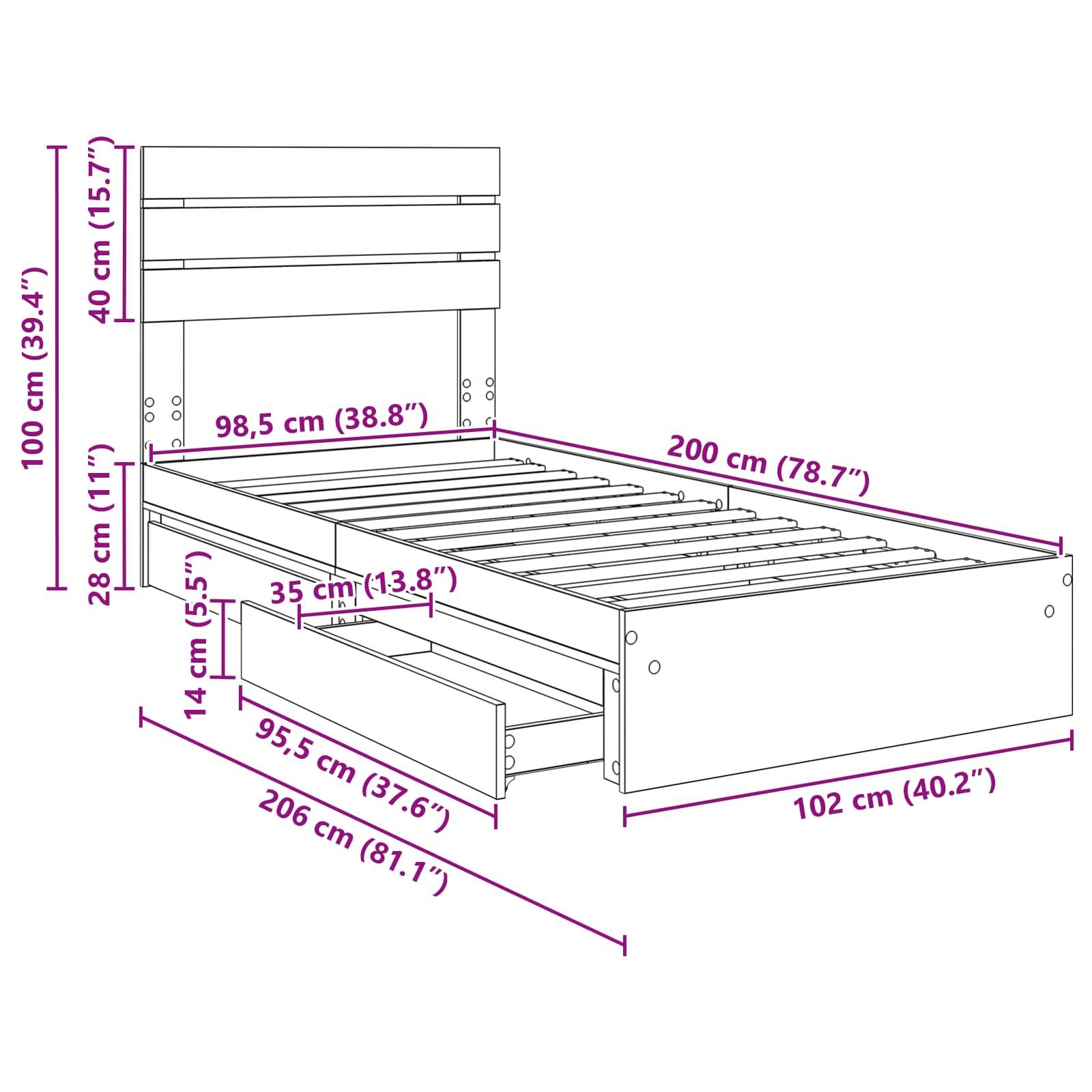 Diagramm eines Einzelbettgestells mit Maßen: Höhe 100 cm, Länge 206 cm, Breite 102 cm. Inklusive Schubladen mit 35 cm Breite, 14 cm Höhe.