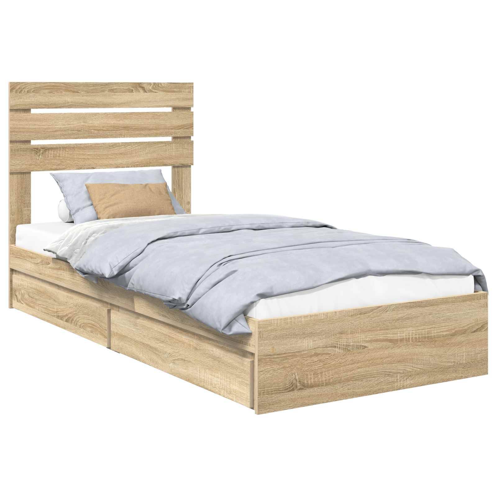 Holzbett in Einzelgröße mit hellgrauer Bettwäsche und einem beigen Kissen, mit einem Kopfteil aus Latten und zwei Staurageschubladen darunter.