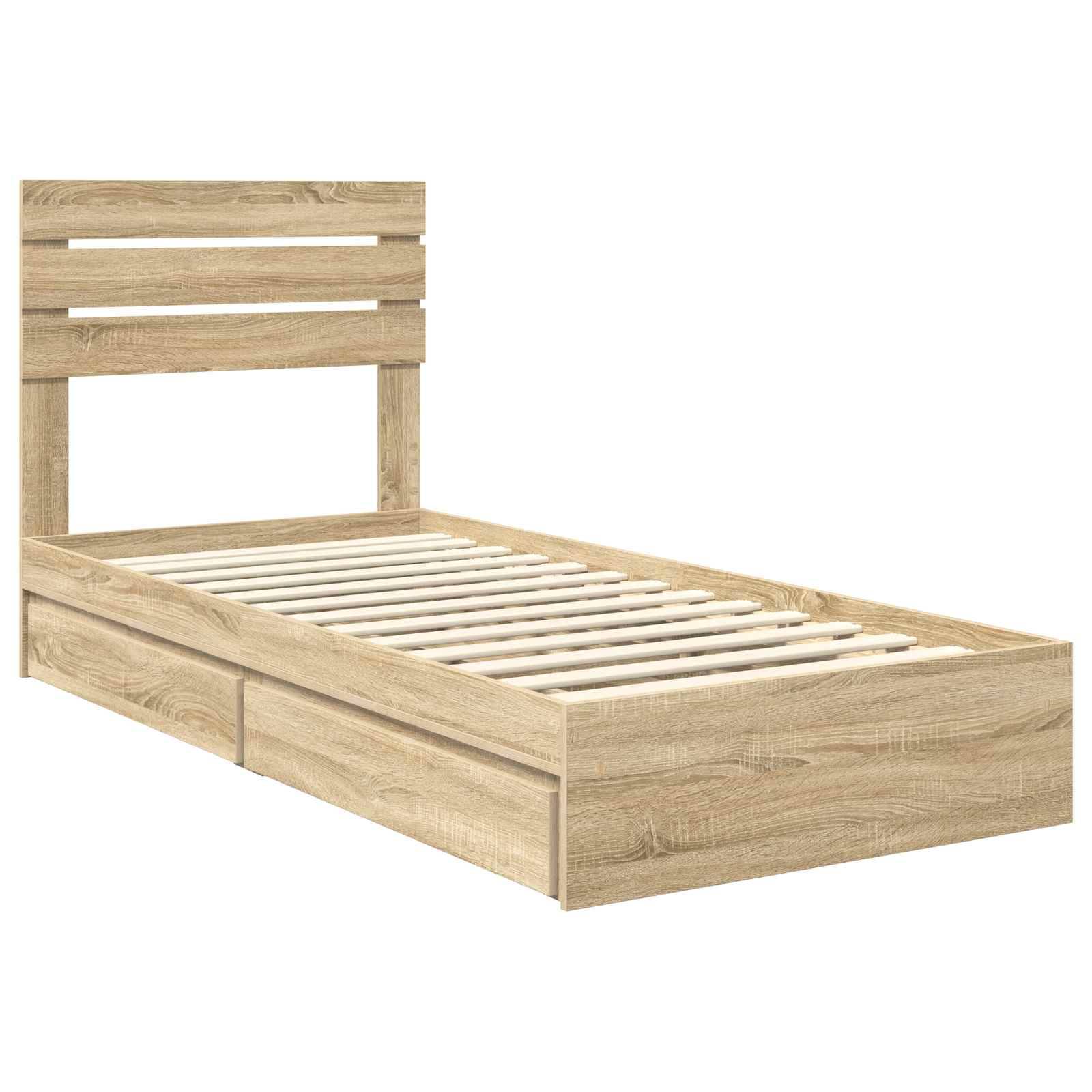 Holzbettgestell mit einem Lattenrost-Kopfteil und integrierten Aufbewahrungsschubladen darunter.