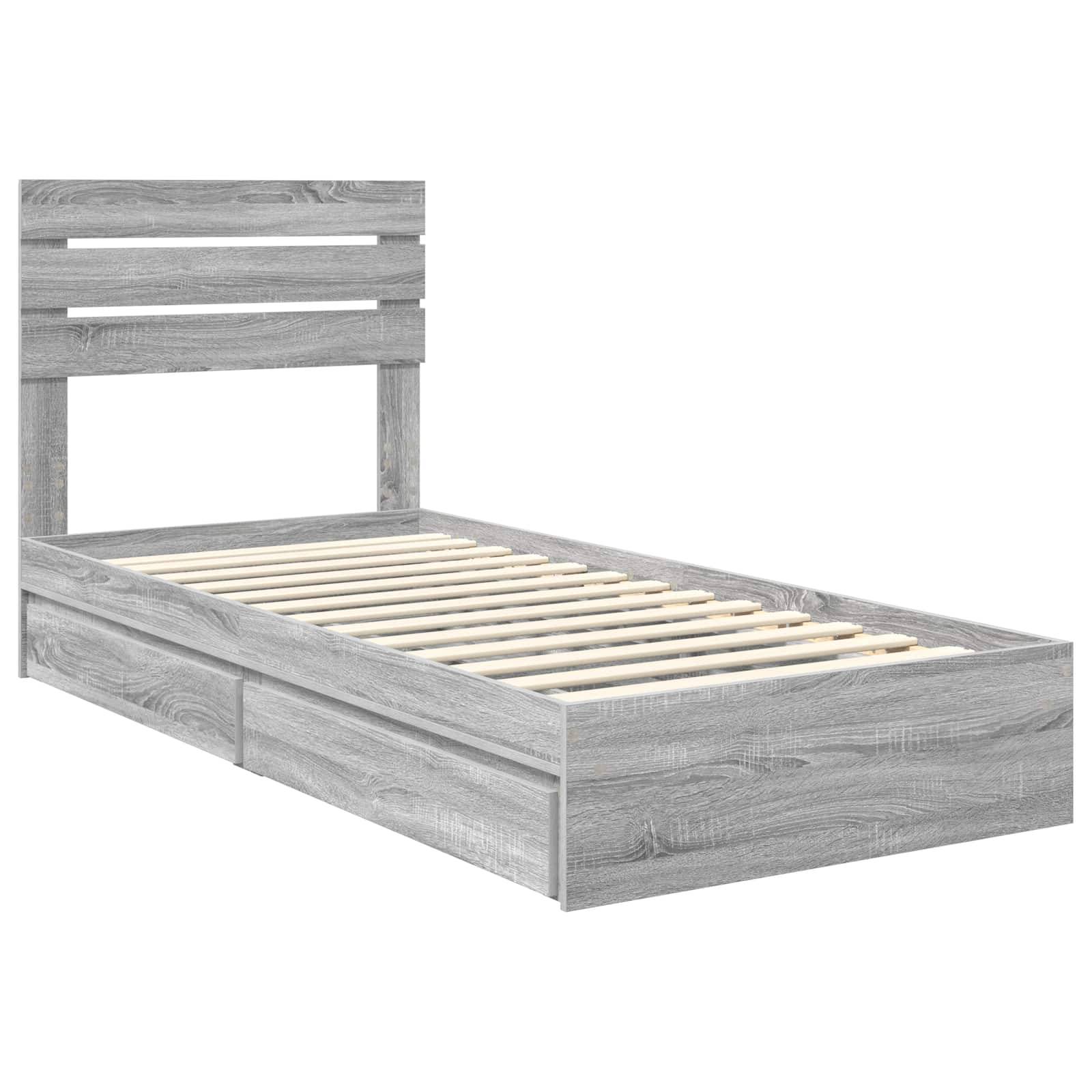 Ein einzelner Holzbettrahmen mit zwei Lattenrosten und einem minimalistischen Kopfteil, in hellem Holzmaserungsfinish.