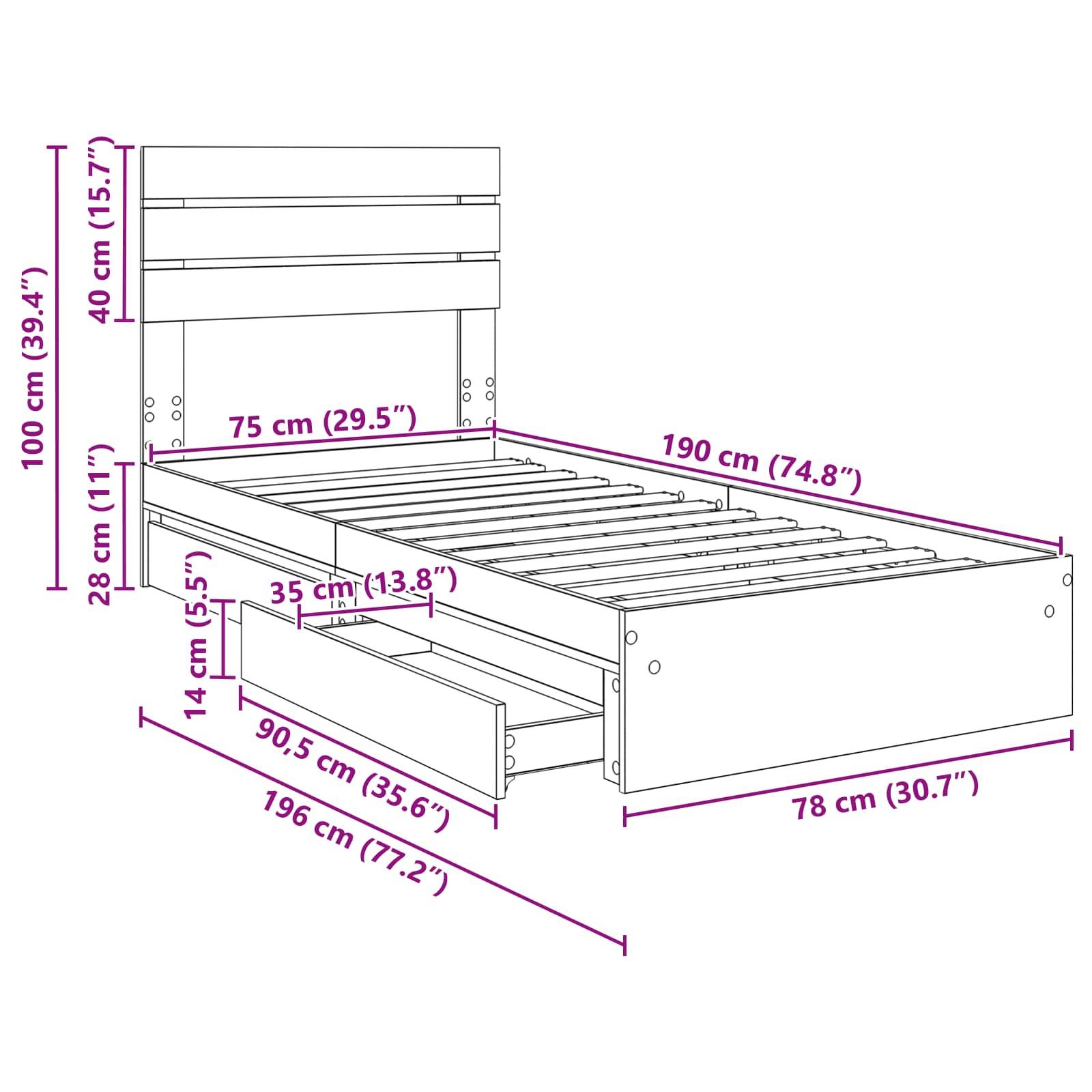 Linienzeichnung eines Bettgestells mit Maßen: Länge 190 cm, Breite 90 cm und Höhe 100 cm. Merkmale umfassen Kopfteil, Lattenrost und Schubladen.