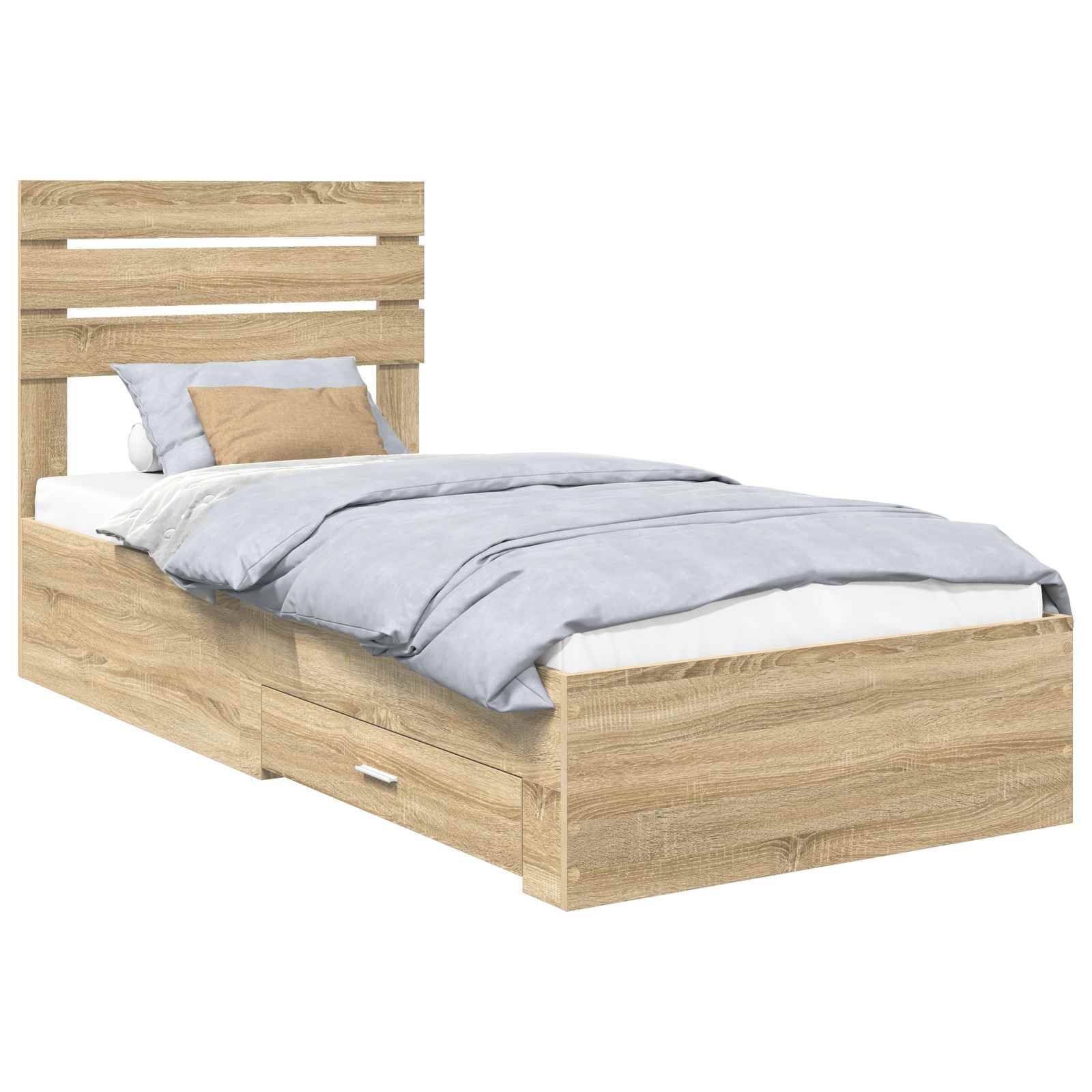 Ein Holzbett in Einzelgröße mit einem Lamellenkopfteil, hellgrauer Bettwäsche und zwei Schubladen darunter, wobei eine Schublade leicht geöffnet ist.