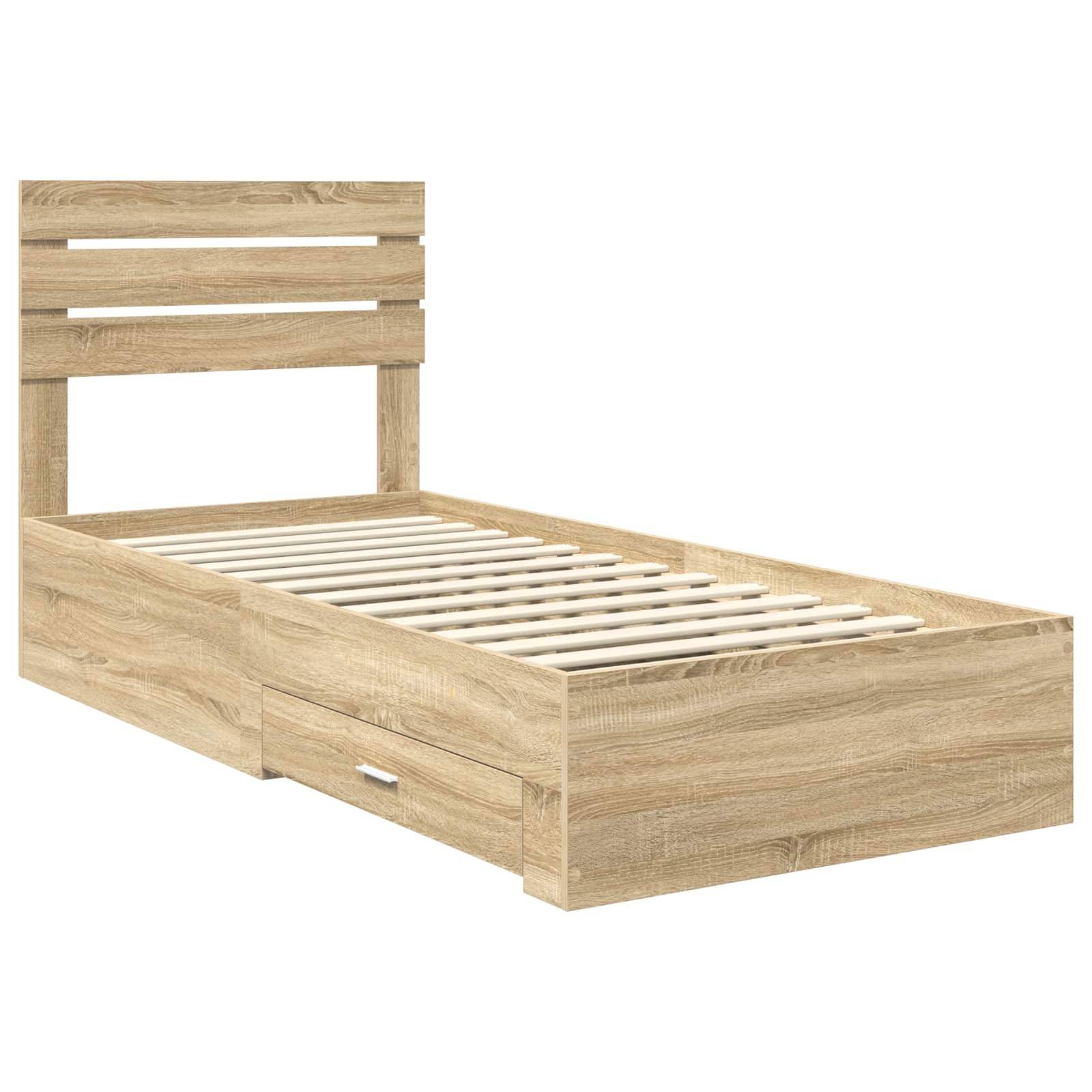 Ein Holz-Doppelbett mit Lattenrost-Kopfteil und Staurageschubladen, von der Seite auf weißem Hintergrund aufgenommen.