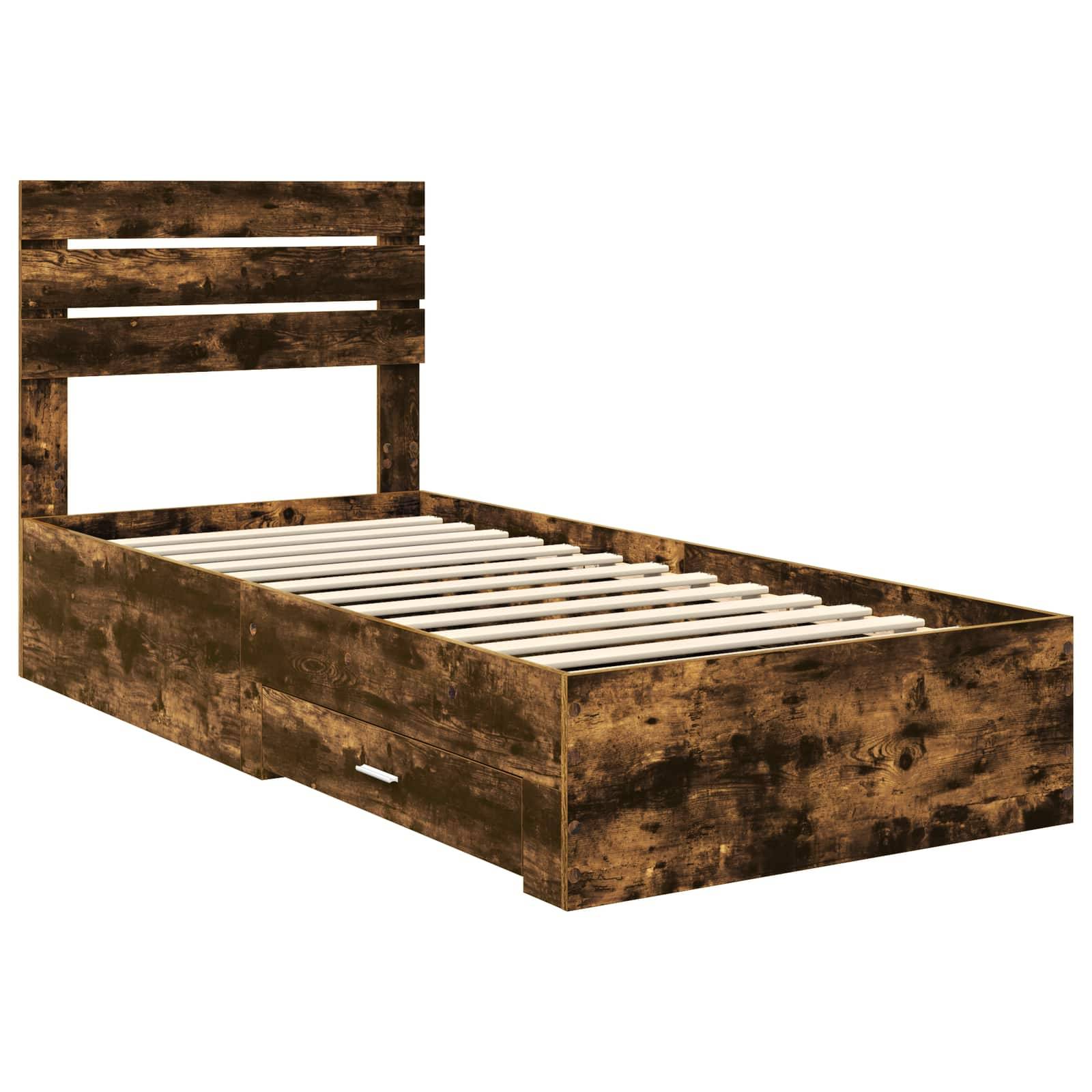Ein Holzbettgestell mit einem Lamellenkopfteil und Schubladen unter dem Bett, in einem rustikalen Finish präsentiert.