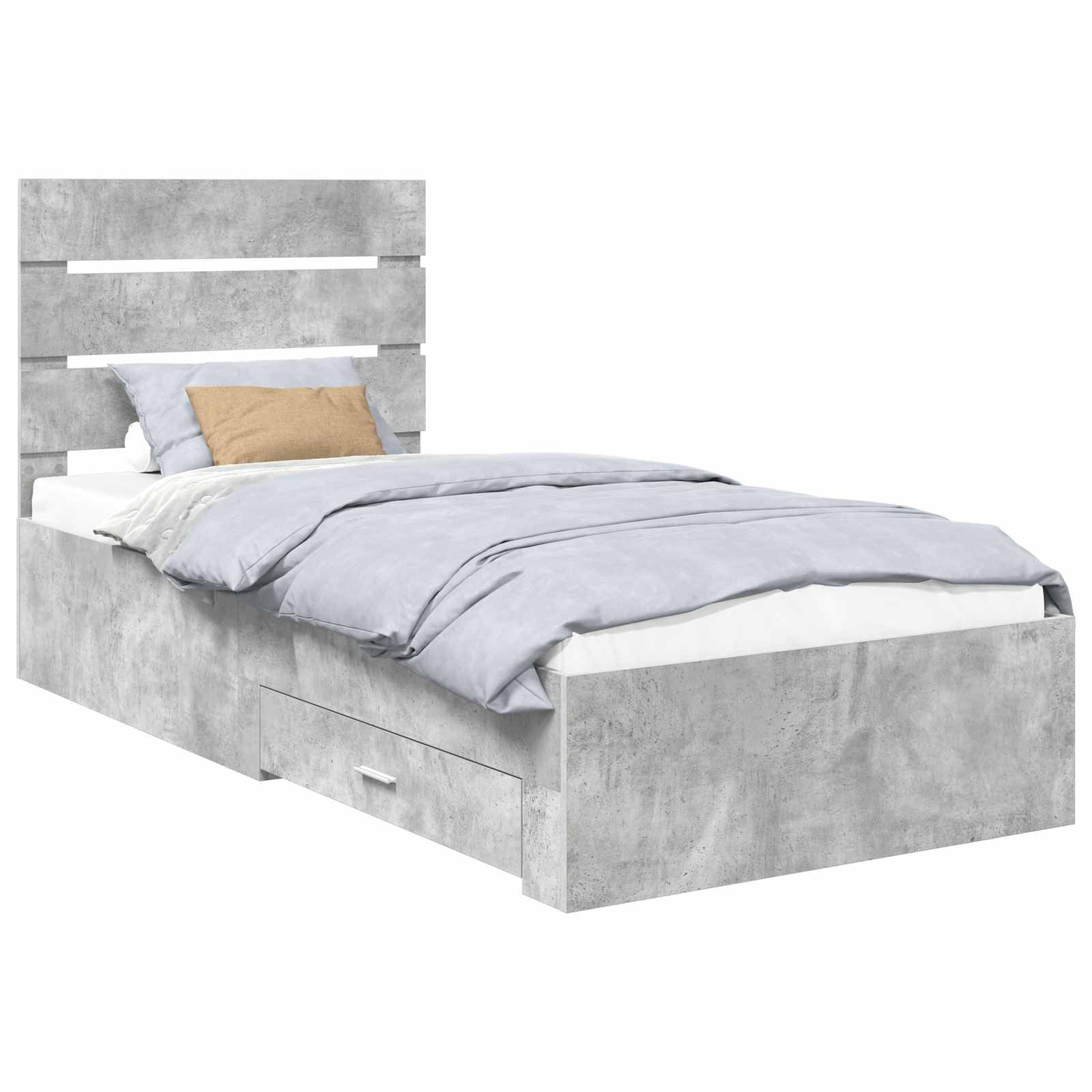 Ein Einzelbett mit einem grauen, rustikalen Holzkopfteil und Staurageschubladen darunter, ausgestattet mit grau-weißer Bettwäsche und einem beigen Zierkissen.