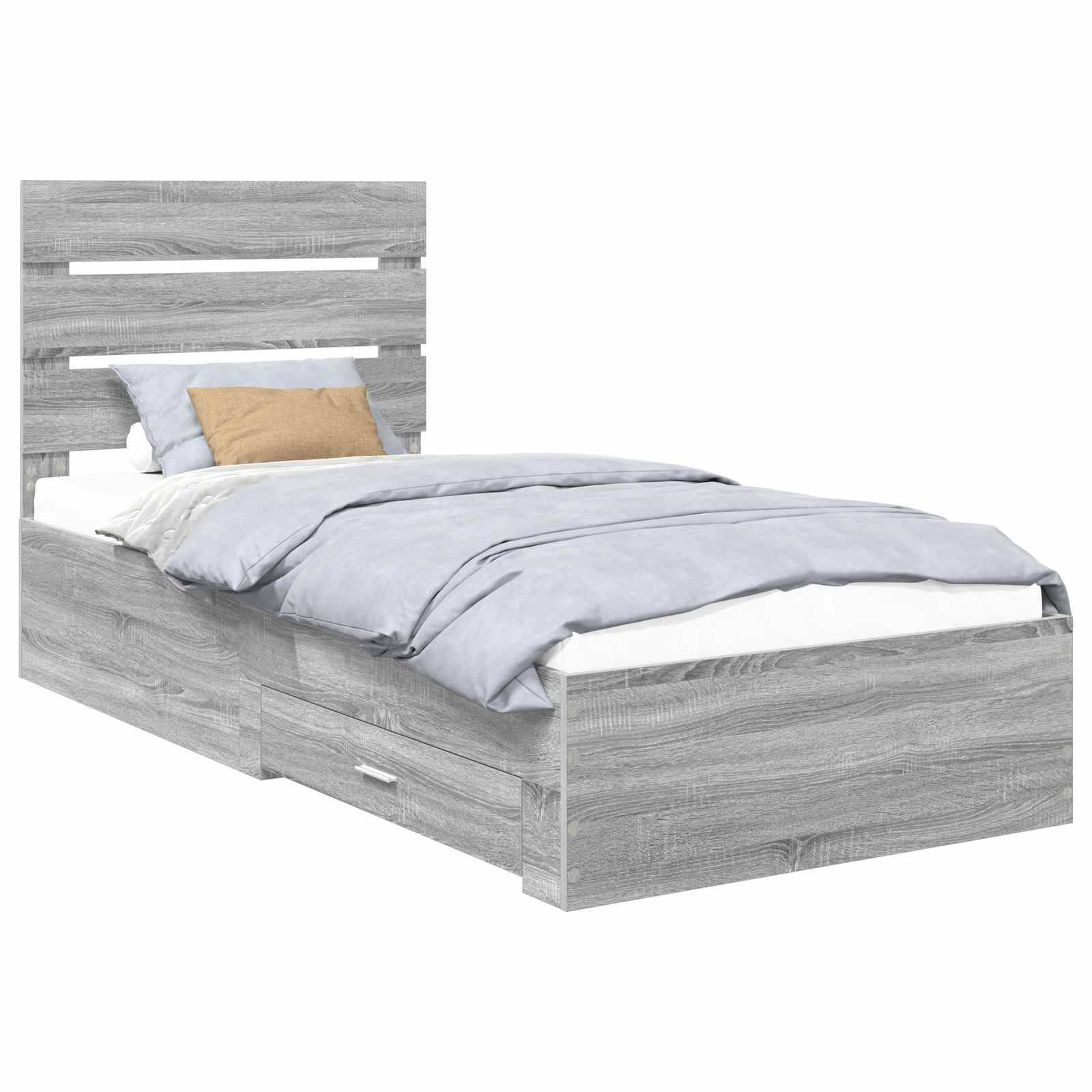 Ein graues Holzbett mit einer schlanken Kopfseite und zwei Staurageschubladen darunter. Es ist mit hellblauer Bettwäsche und einem beigen Kissen bezogen.
