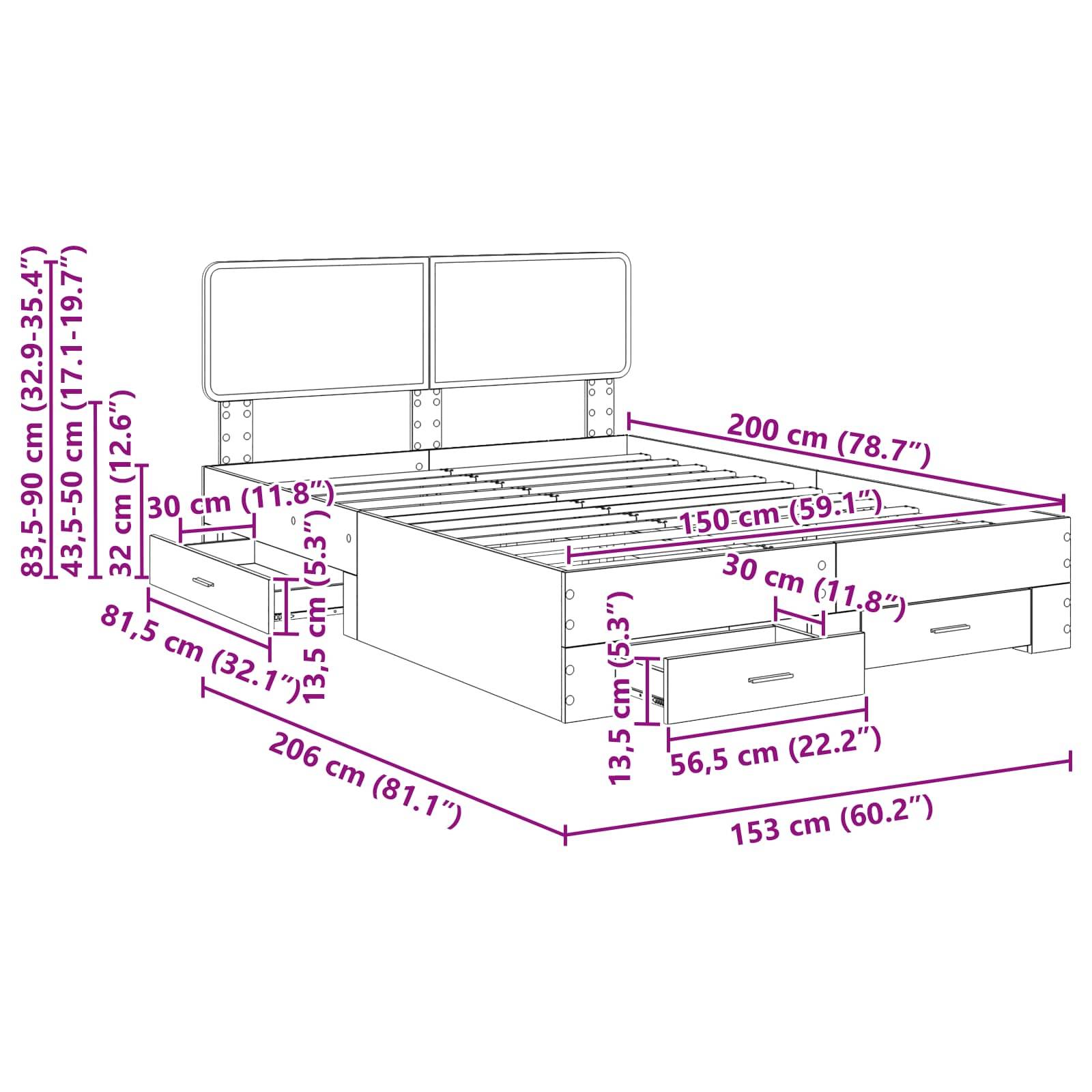 „Diagramm eines Bettes mit Staurageschubladen; Maße beschriftet: Höhe 83,5-90 cm, Breite 153 cm, Länge 200 cm, Schubladengröße 56,5 x 35 cm.