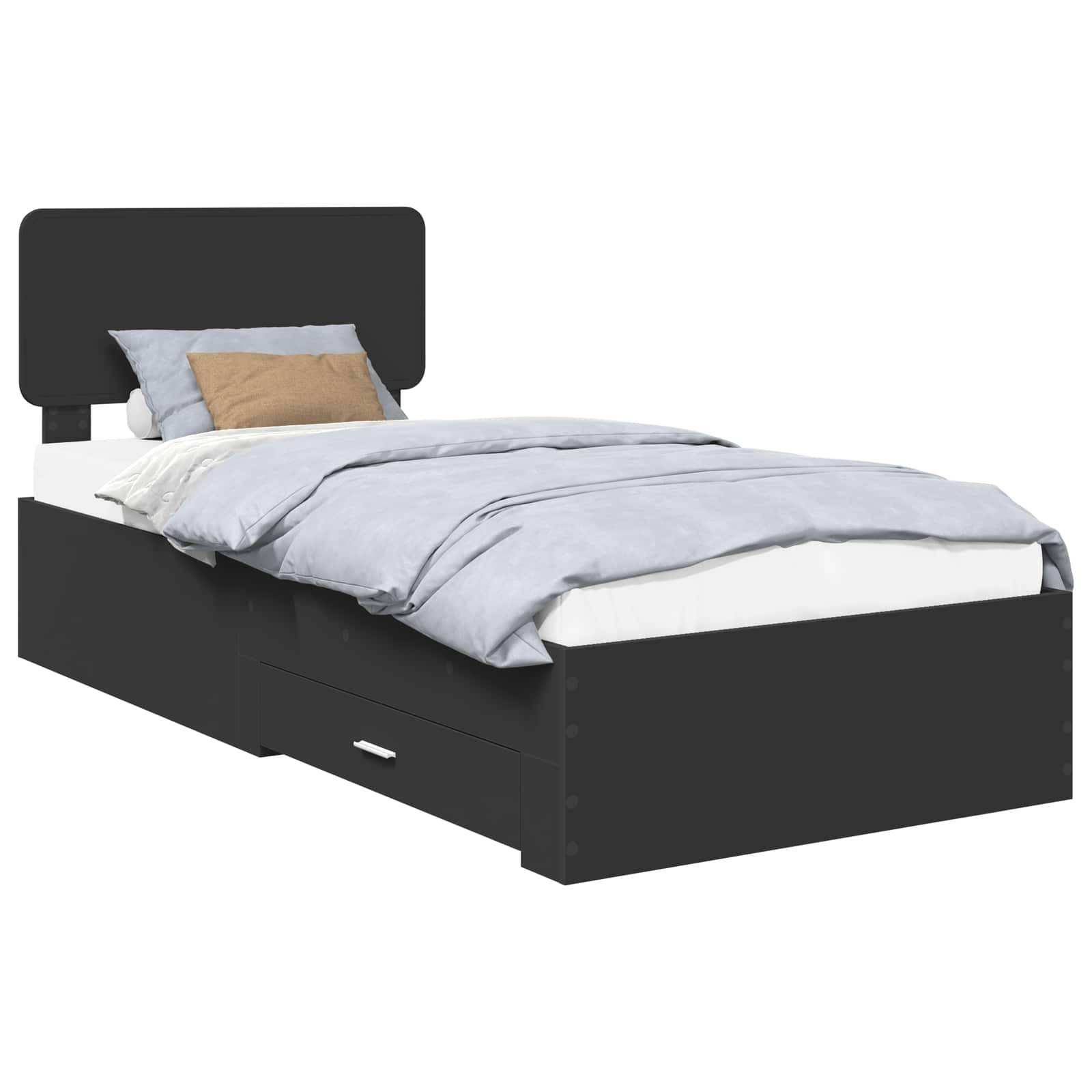 Ein Einzelbett mit schwarzem Rahmen und zwei Schubladen darunter, mit Kopfteil und hellblauer Bettwäsche mit zwei Kissen.