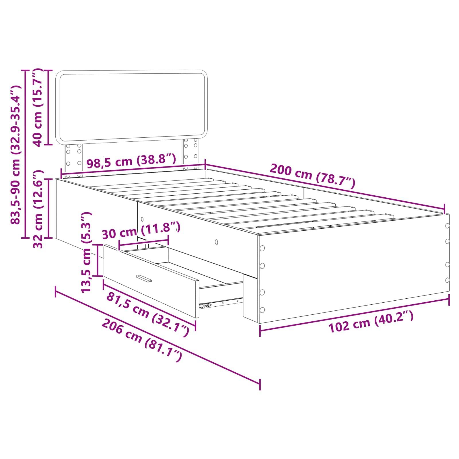 Detaillierte technische Zeichnung eines Bettes mit Maßangaben: Höhe 83,5-90 cm, Breite 98,5 cm, Länge 200 cm. Inklusive Bettkasten unter dem Bett.