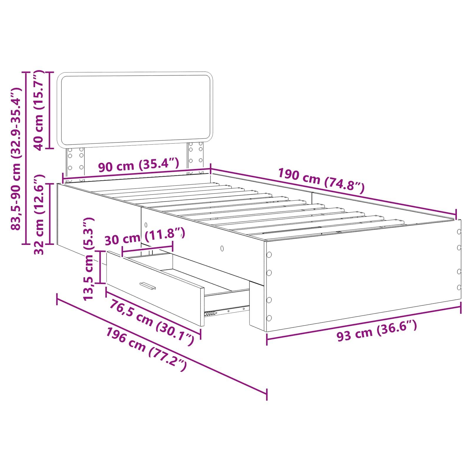 Eine Skizze eines Bettes mit Maßen: Breite 90 cm, Länge 190 cm, Höhe 83,5-90 cm. Es verfügt über ein Kopfteil und einen Stauraum-Schubkasten darunter.