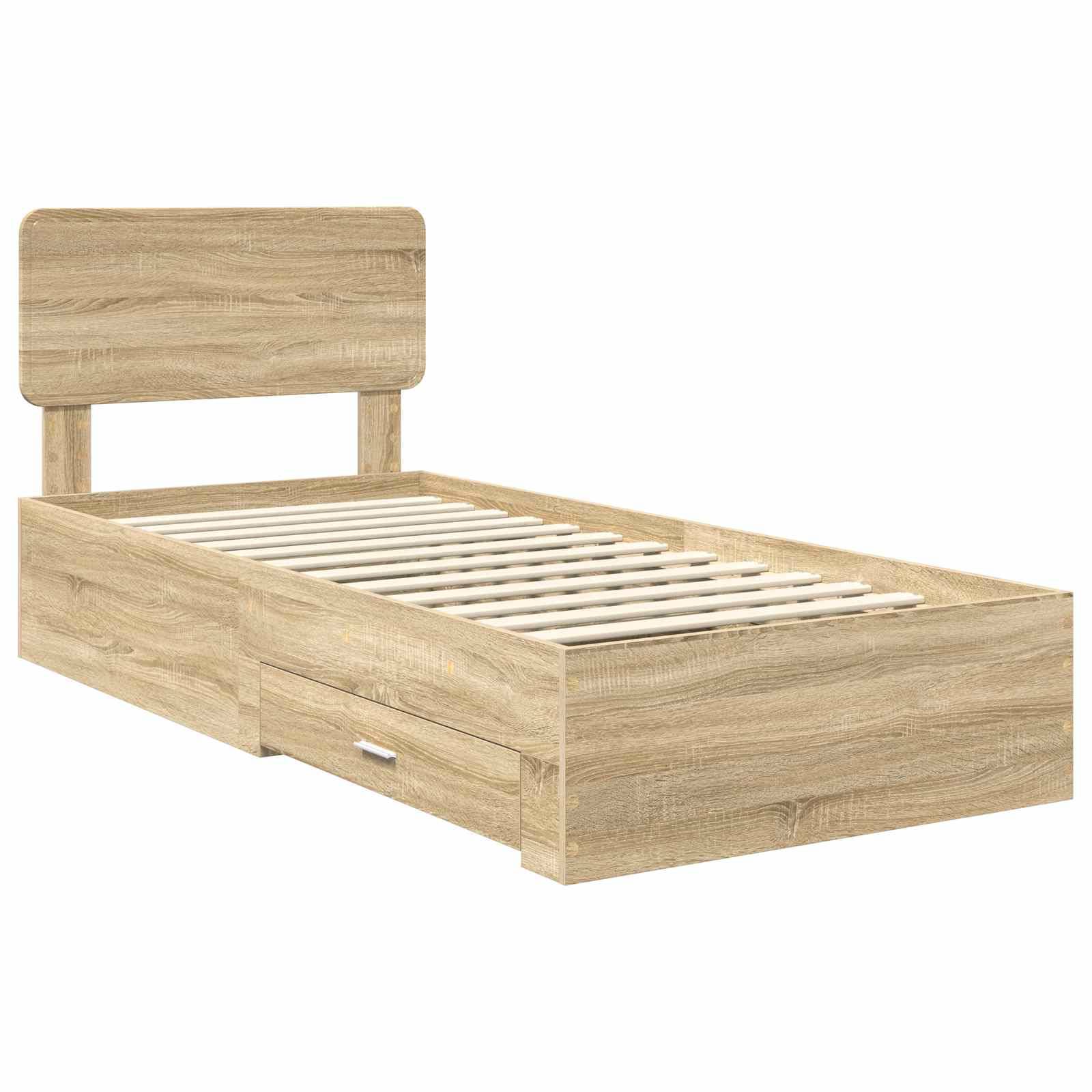 Ein Holz-Einzelbettgestell mit Kopfteil verfügt über eine helle Holzoberfläche und beinhaltet Unterbett-Schubladen an einer Seite.
