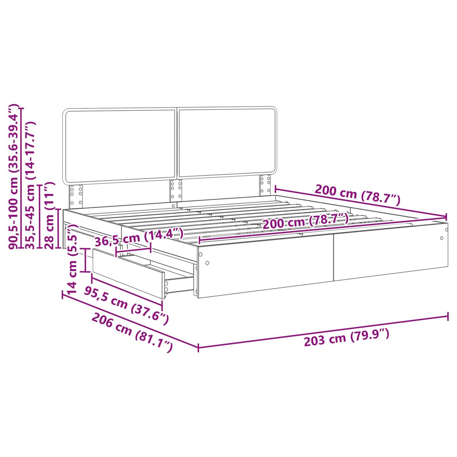 Darstellung eines Bettgestells mit präzisen Abmessungen: Breite 200 cm, Tiefe 200 cm und Höhe verstellbar von 95,5 - 100 cm. Inklusive Aufbewahrungsschubladen.
