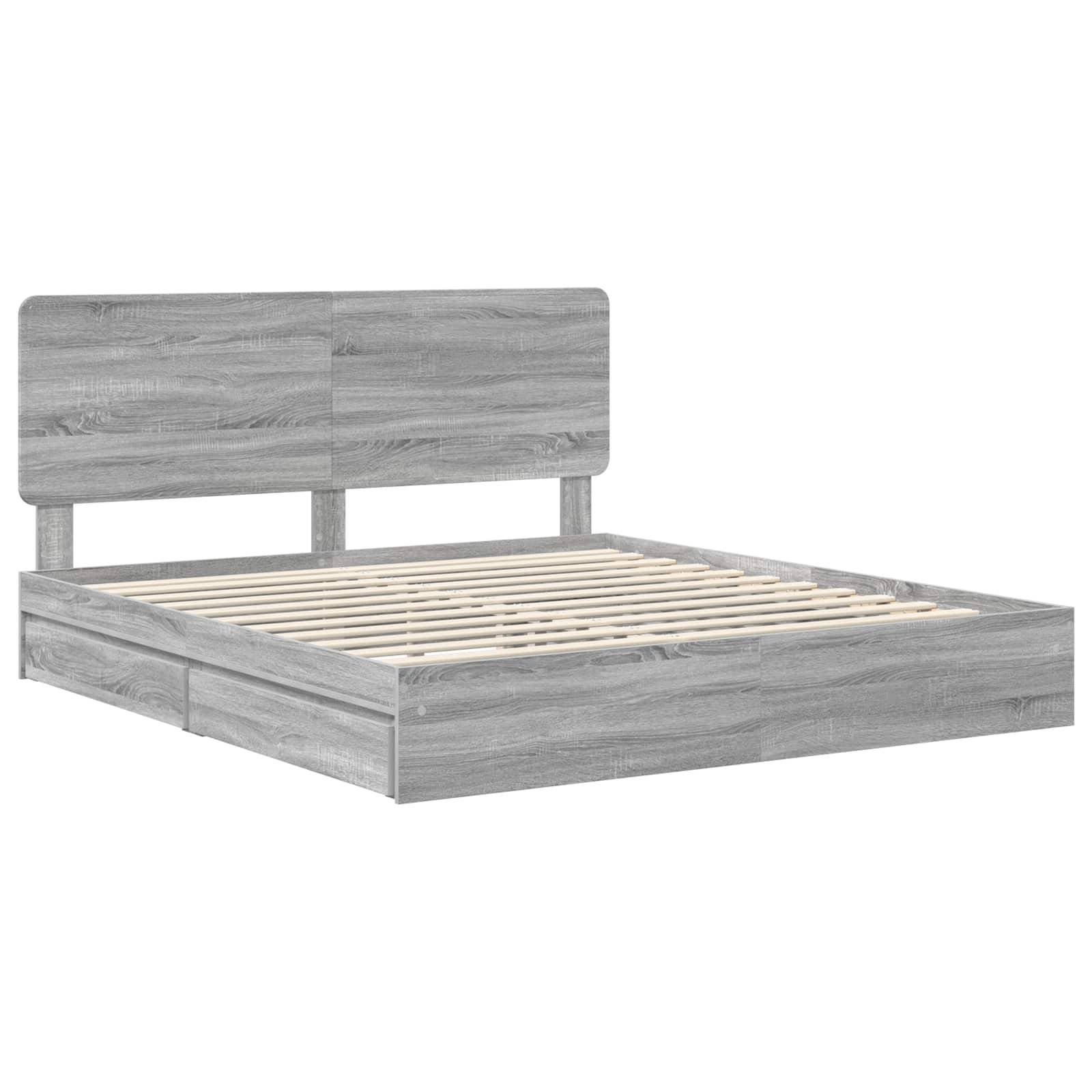 Graues Holzbettgestell mit Lattenrost, Kopfteil und ohne Matratze. Schlichtes, modernes Design, passend für ein Schlafzimmer.