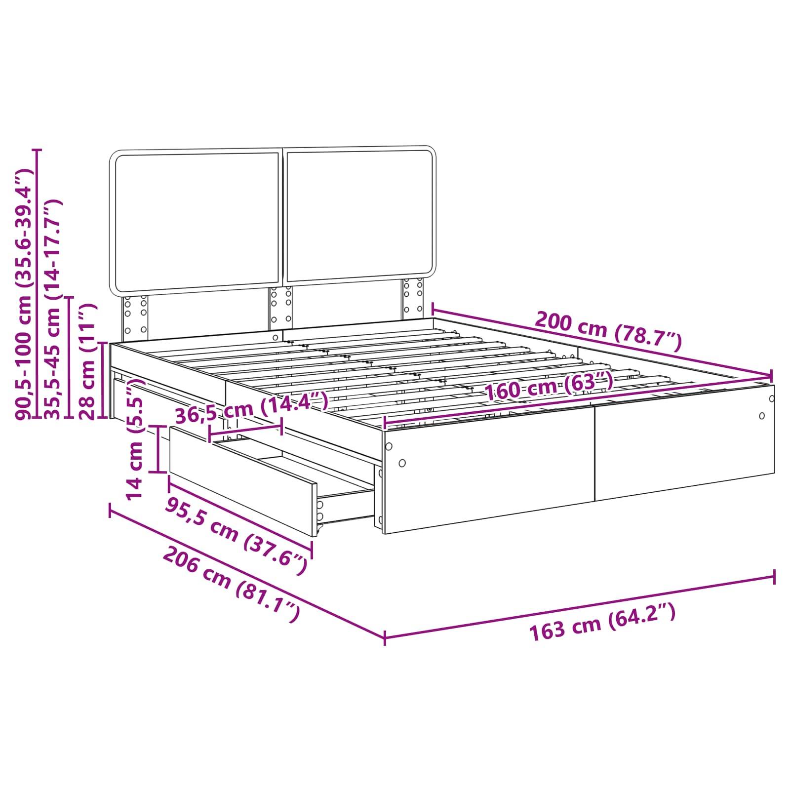 Darstellung eines Bettes mit Maßen: 200 cm Länge, 160 cm Breite, 4 Staurageschubladen, 90,5-100 cm Kopfteilhöhe, 28 cm Höhe.