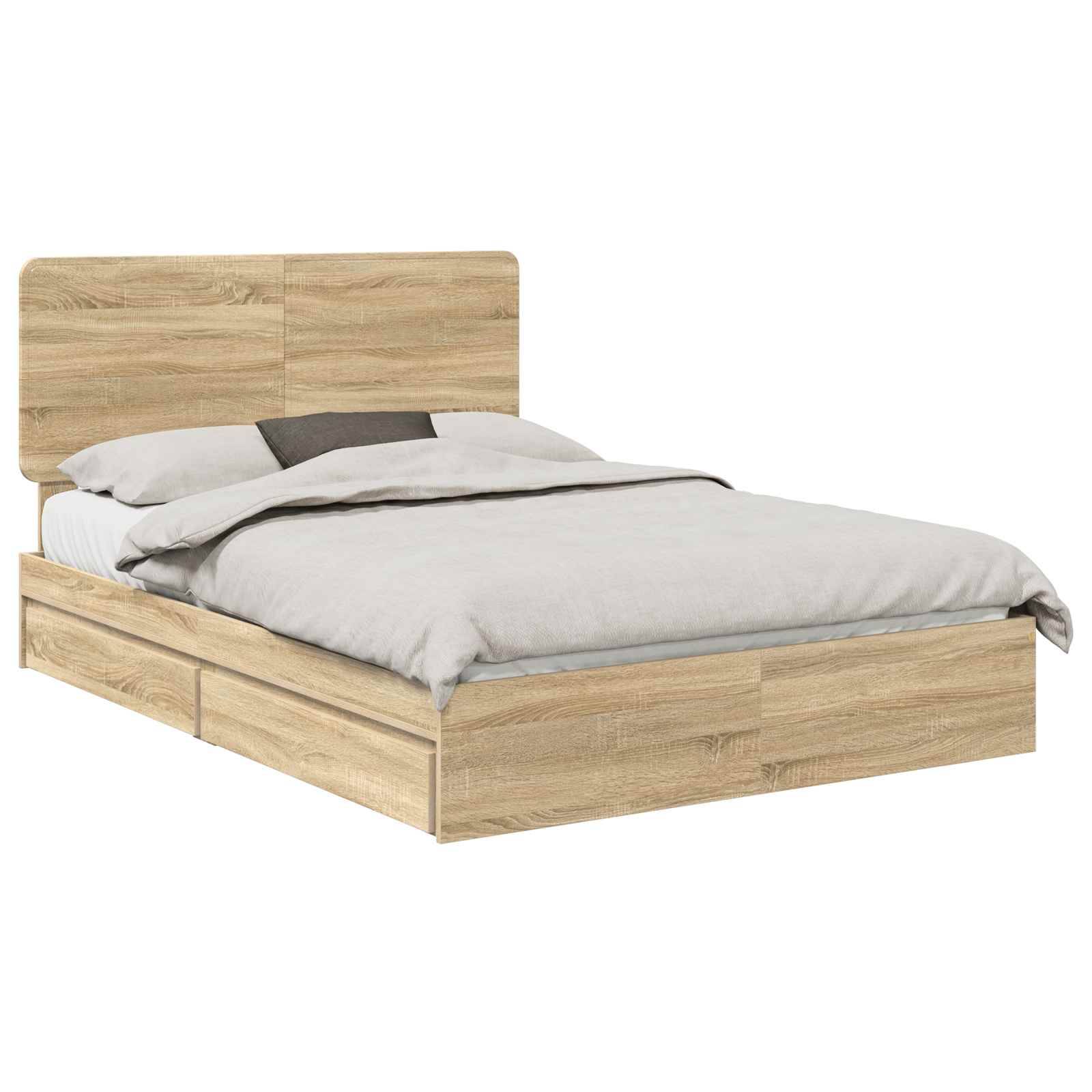 Ein Holzbett mit einer hellen Holzoberfläche, ordentlich bezogen mit weißer Bettwäsche und einem dunkleren Akzentkissen, aus einem Seitenwinkel betrachtet.