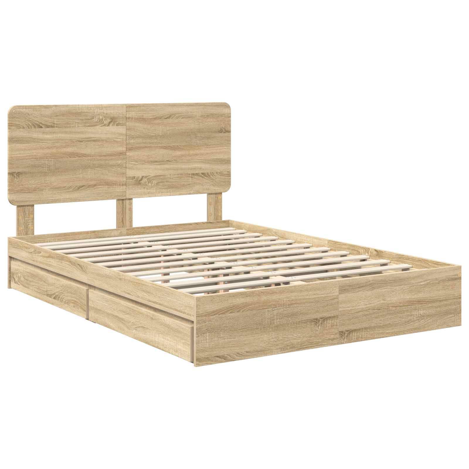 Ein Holzbettgestell mit einem rechteckigen Kopfteil und einer Lattenrost-Basis, konzipiert für eine Matratze.