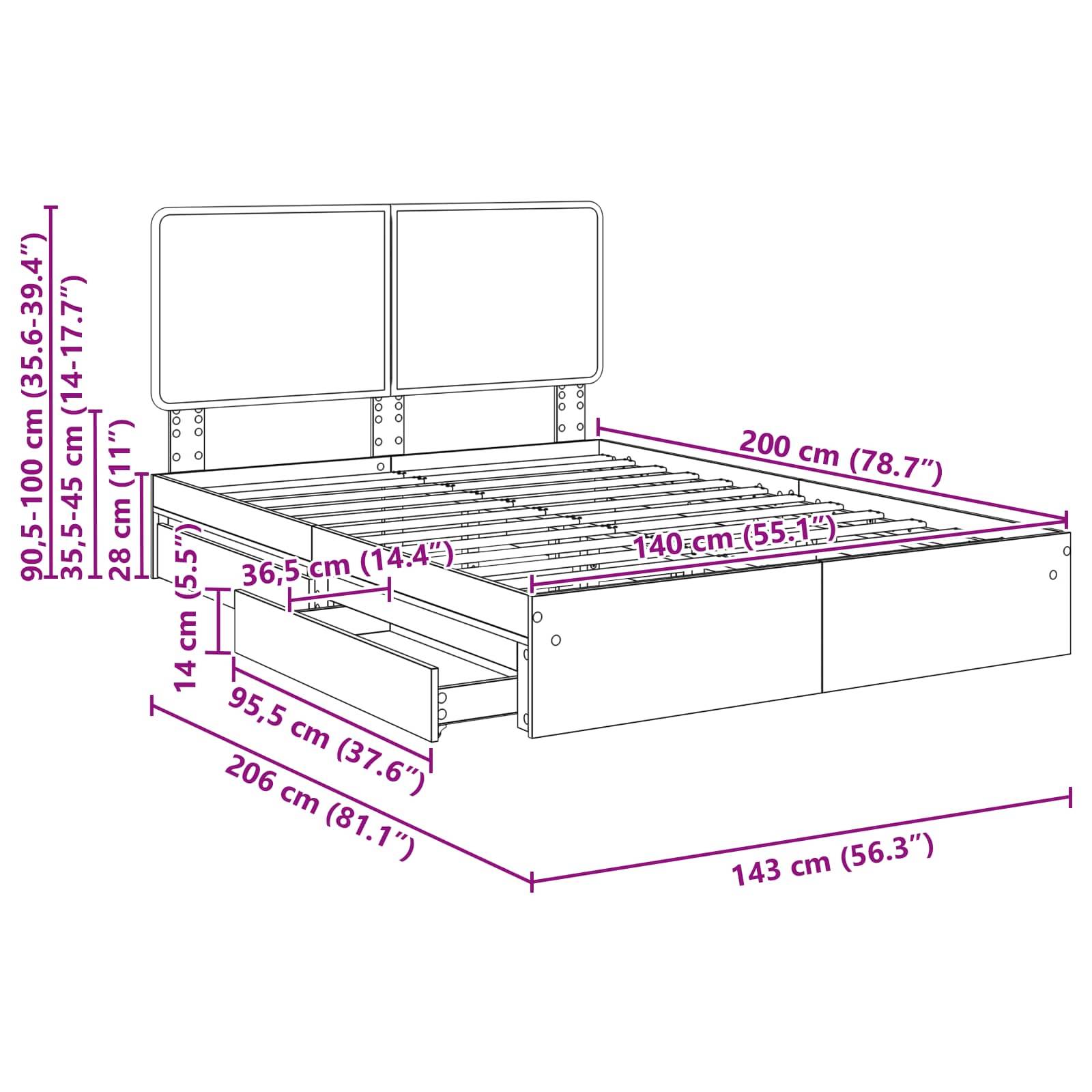 Bettabmessungen: Länge 205 cm, Breite 143 cm, Höhe 90,5-100 cm. Mit Aufbewahrungsschubladen. Bettsurfacehöhe 35-45 cm.