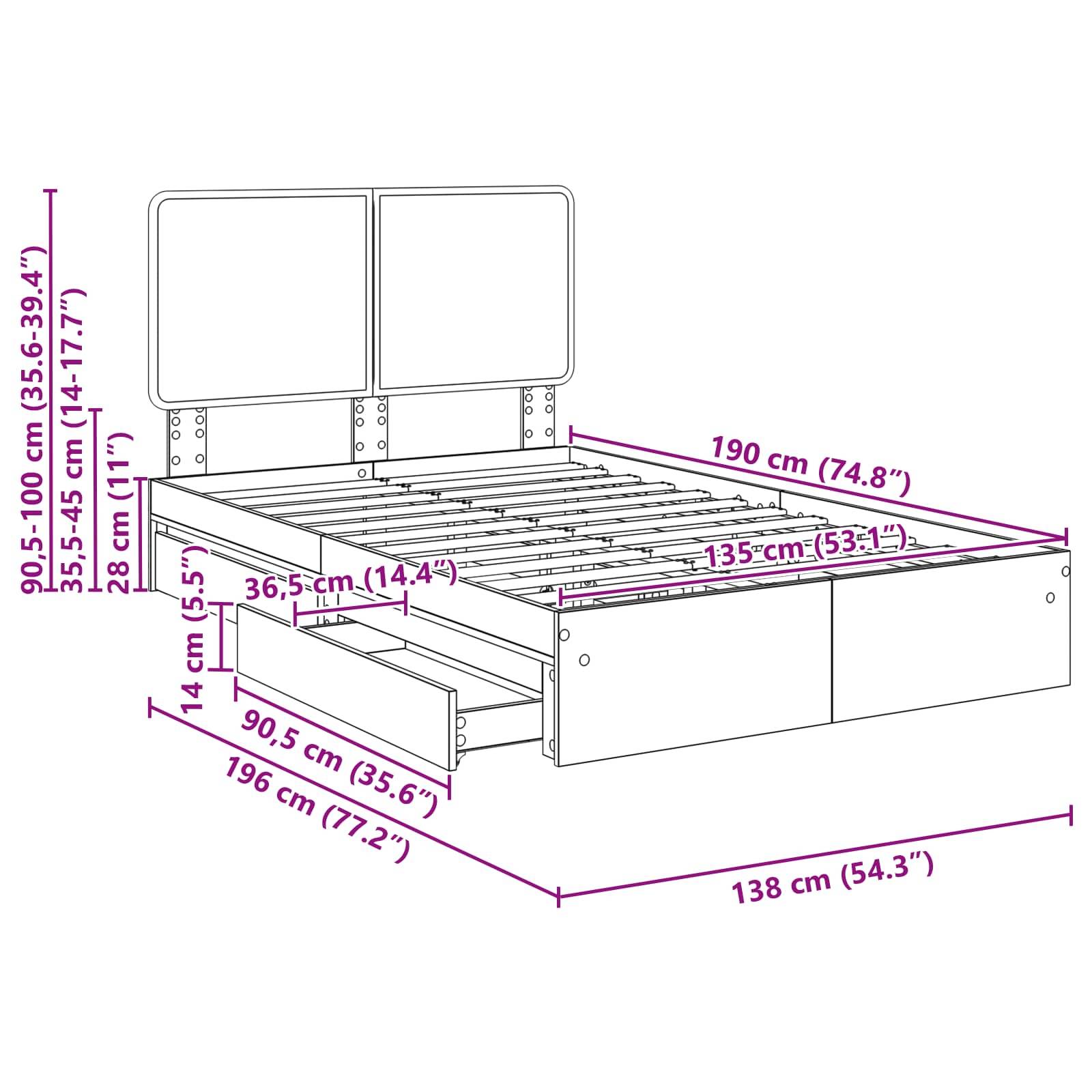Diagramm eines Bettes mit Maßen: Breite 196,5 cm, Tiefe 218 cm, Höhe 90,5-100 cm. Beinhaltet Unterbettstauraum mit 62 cm Tiefe.