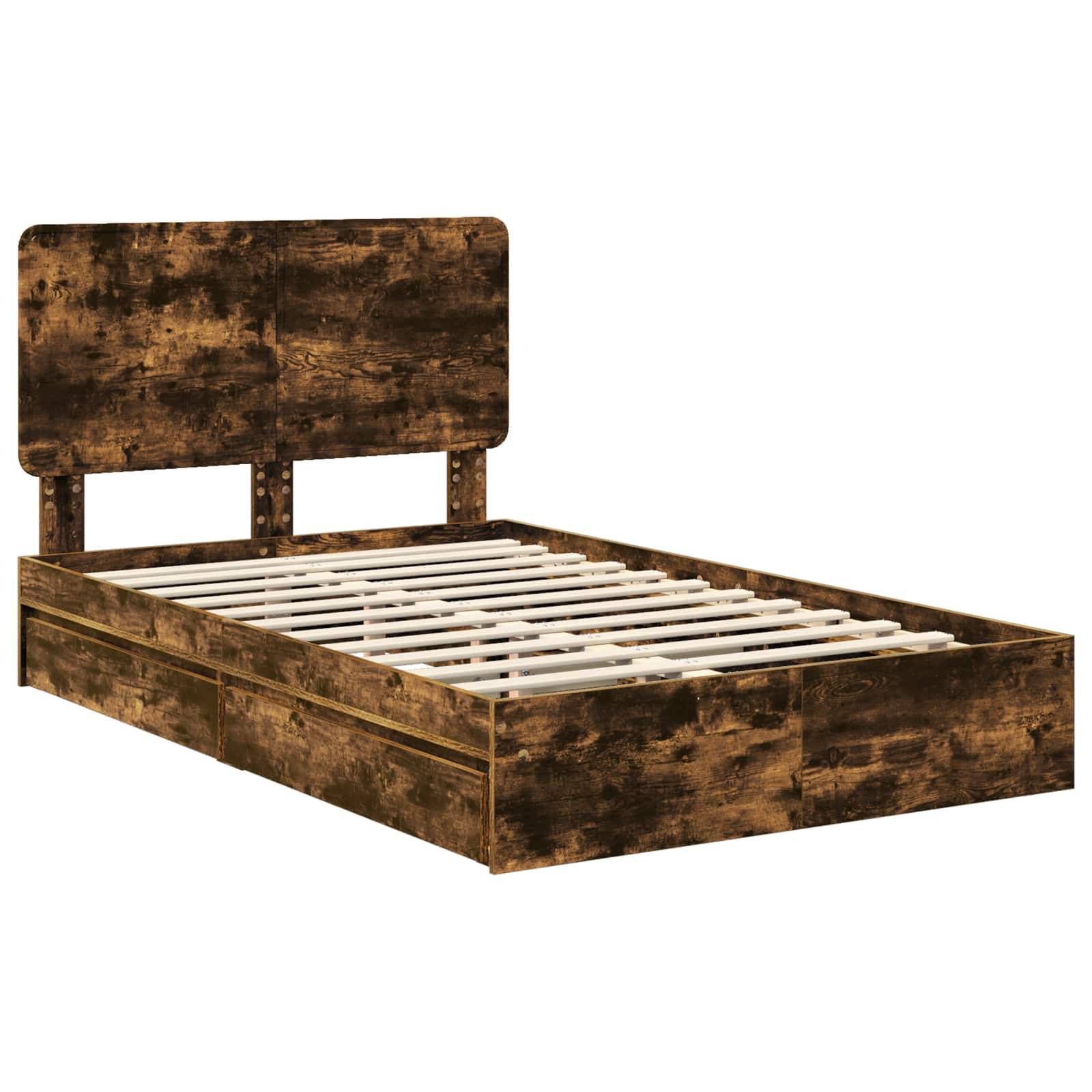Rustikaler Holz-Queensize-Bettrahmen mit Lattenrost und hohem Kopfteil, versehen mit einer Used-Look-Oberfläche für einen Vintage-Charme.