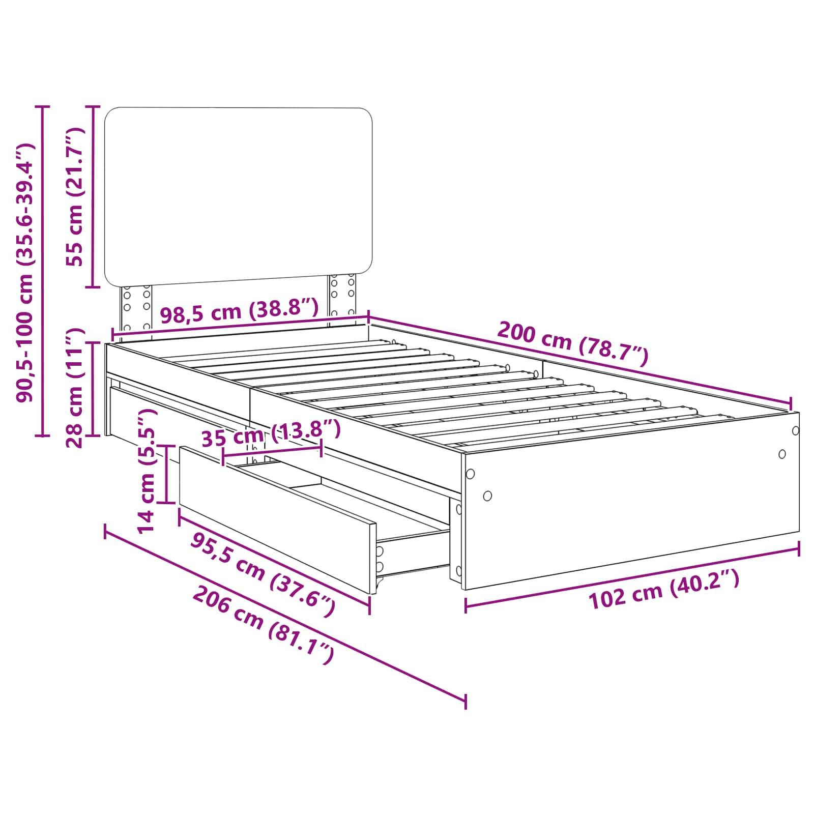 Ein Diagramm eines Bettes mit Maßen: Höhe 90,5-100 cm, Breite 98,5 cm, Länge 200 cm. Enthält zwei Schubladen, jede 95,5 cm breit.