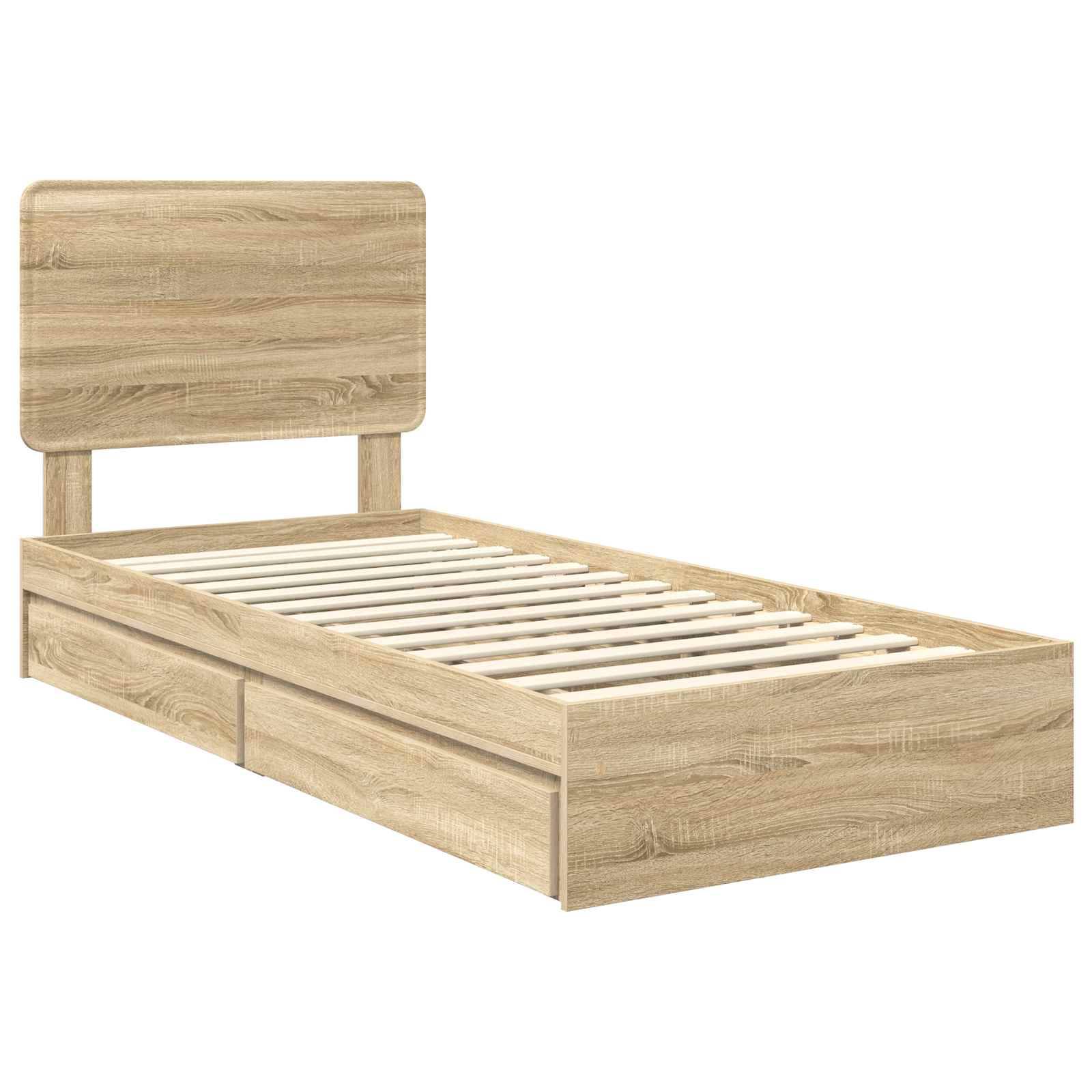Ein Holzbett in Einzelbettgröße mit einem schlichten Design, ausgestattet mit einem rechteckigen Kopfteil und Staurageschubladen darunter, gefertigt aus hellem Eichenholz.