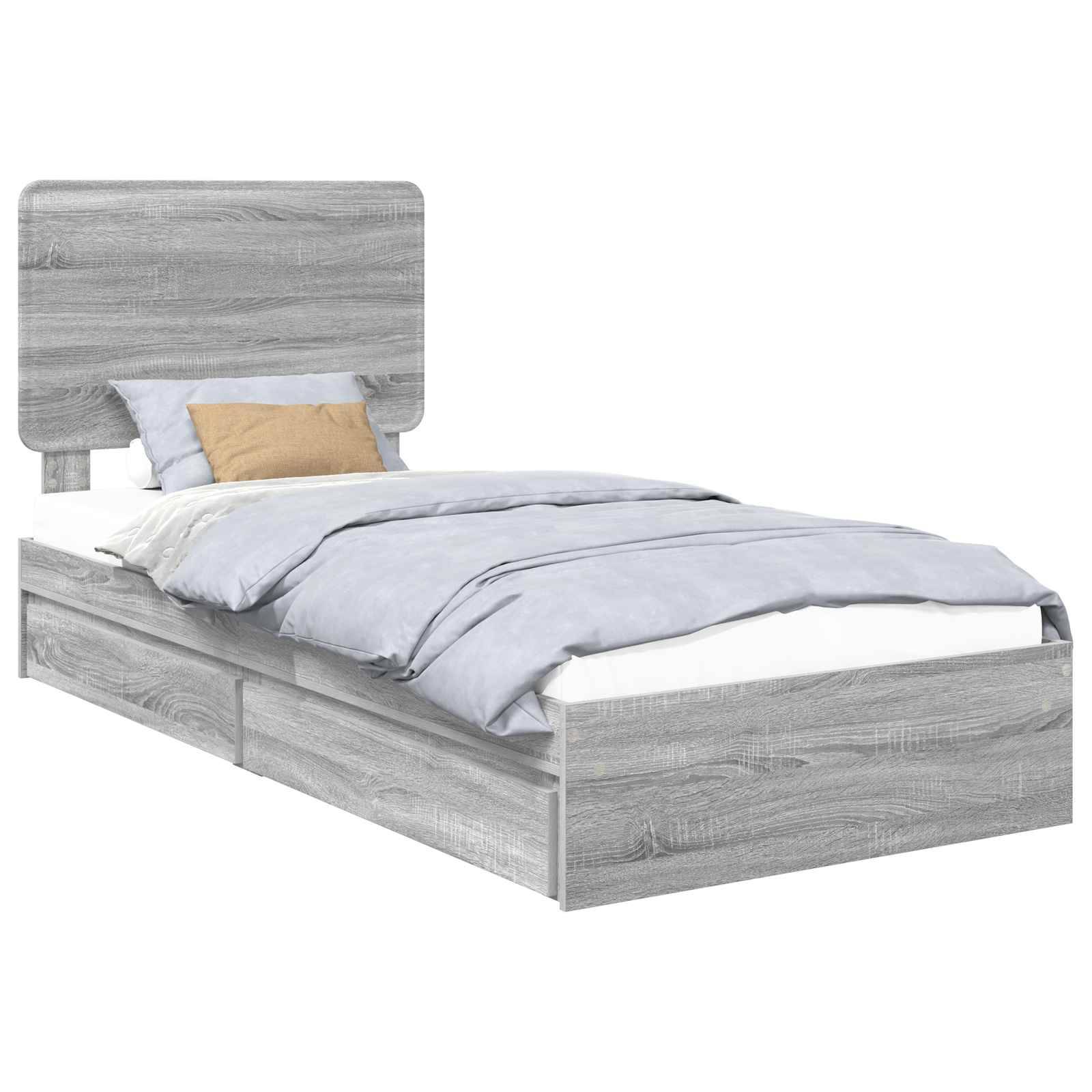 Ein Einzelbett aus Holz mit grauer Beschichtung, ausgestattet mit einem gepolsterten grauen Kopfteil, blauer Bettwäsche und zwei Aufbewahrungsschubladen an der Seite.