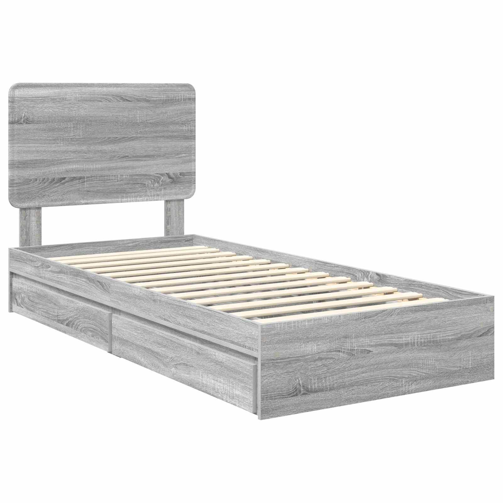 Graues Holzpodestbett mit Lamellenrost und rechteckigem Kopfteil. Verfügt über Staurageschubladen darunter. Schlichtes, modernes Design.