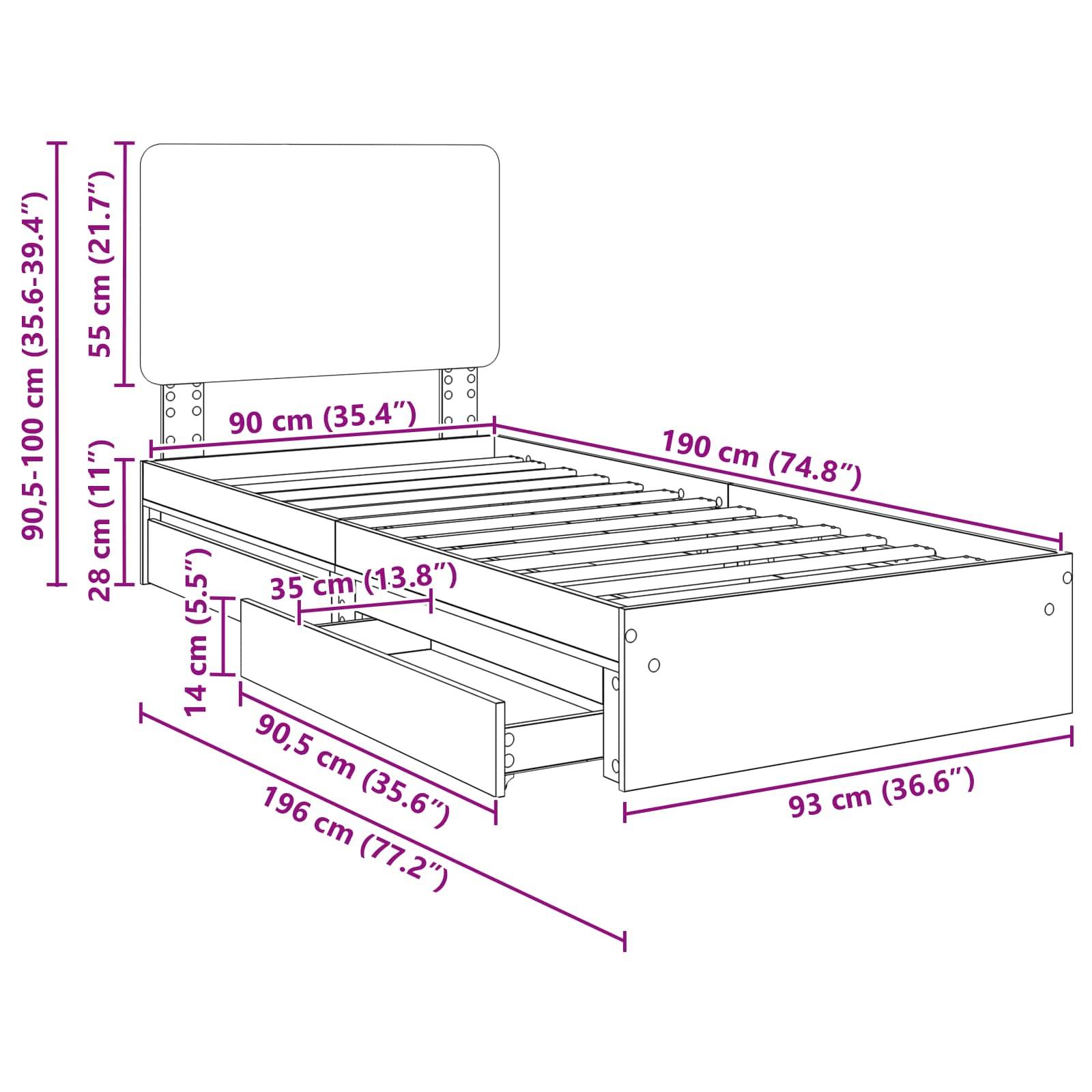 Abmessungen eines Bettgestells mit Kopfteil und Schubladen: Breite 90 cm, Länge 190 cm, Kopfteilhöhe 90,5-100 cm, Schubladen-Länge 35 cm.
