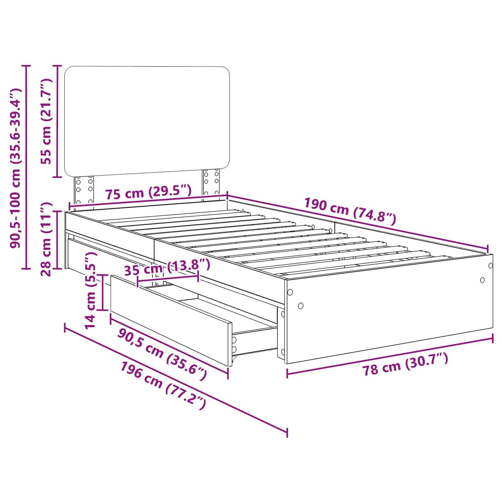 Bettrahmenabmessungen: 190 cm Länge, 90,5-100 cm Höhe, 78 cm Breite. Inklusive Staurageschubladen, Kopfteile höhenverstellbar.