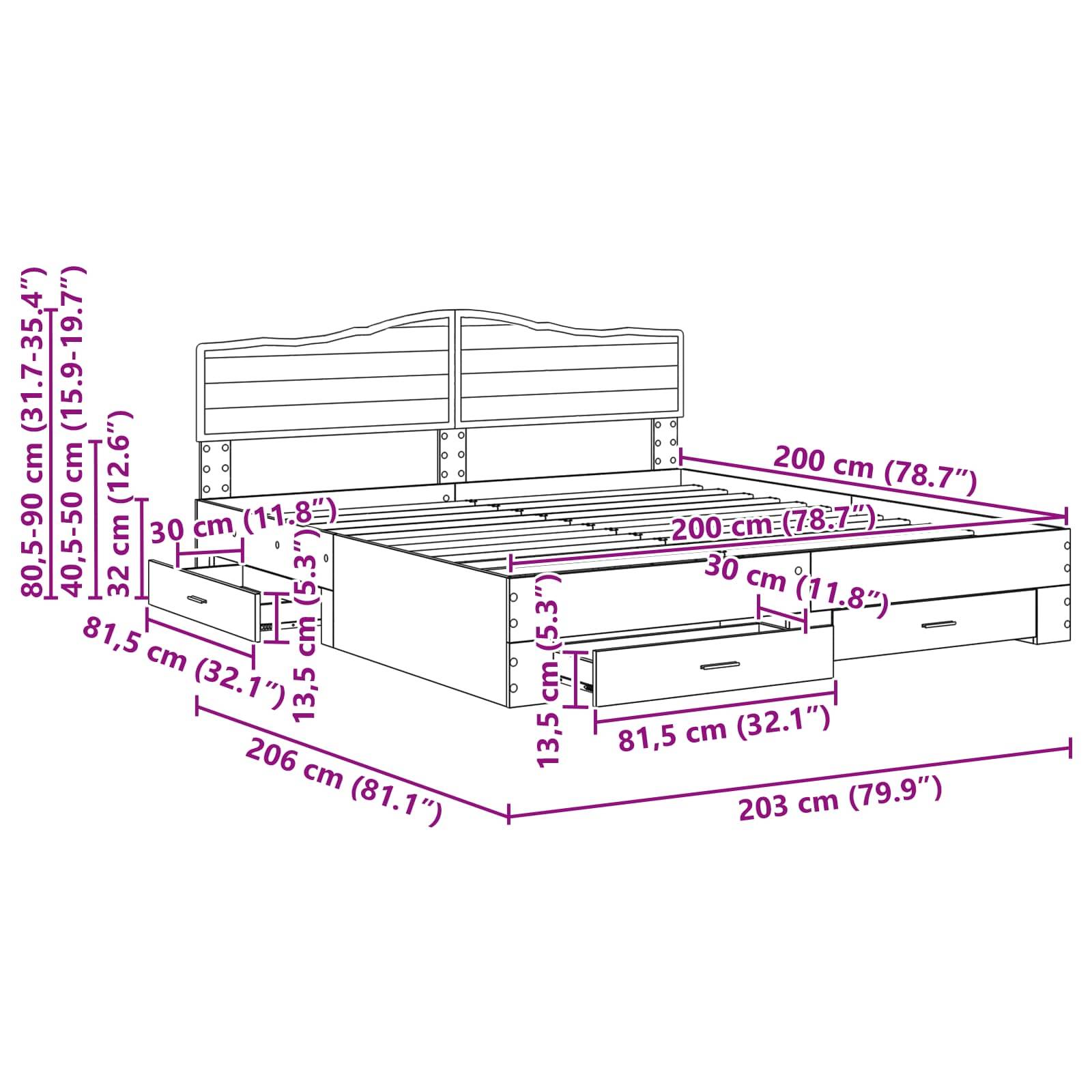 Abmessungen und Merkmale eines Bettgestells mit drei Schubladen, mit einer Gesamtlänge von 206 cm und einer Breite von 203 cm, höhenverstellbar zwischen 80,5-90 cm.