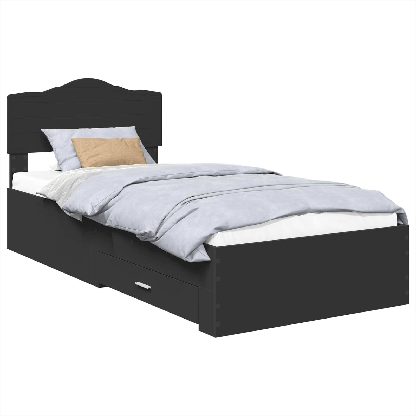 Ein schwarzes Einzelbett mit Kopfteil, hellgrauer Bettwäsche und einem beigefarbenen Kissen. Es verfügt über Schubladen zur Aufbewahrung darunter.