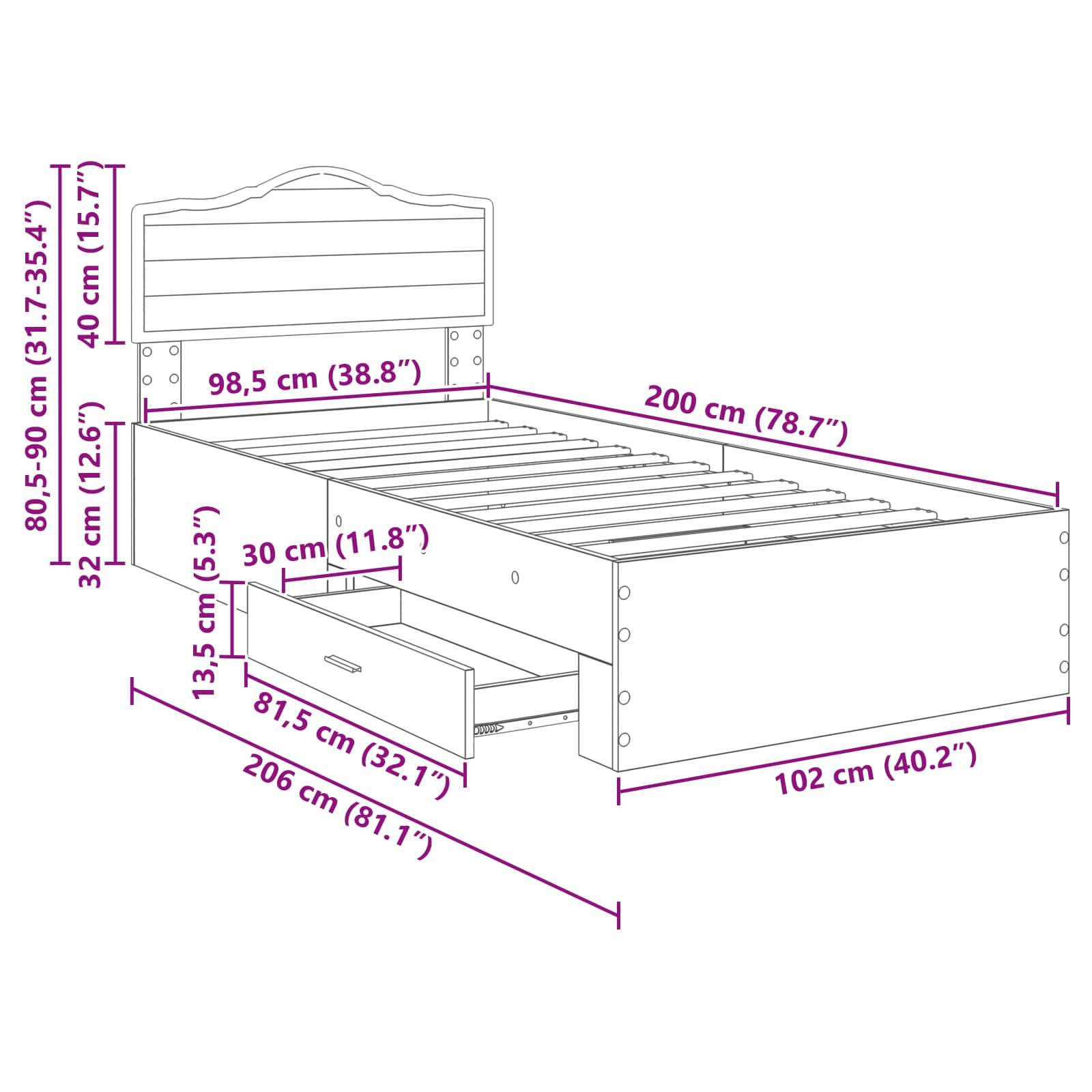 Bettdiagramm mit Maßen in Zentimetern und Zoll: Länge 200 cm (78,7