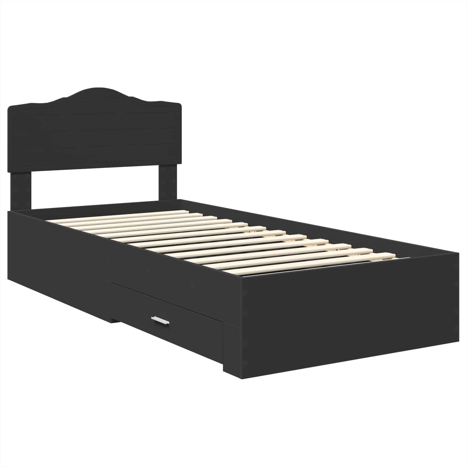 Ein schwarzes Einzelbettgestell mit Kopfteil, das Holzlatten und eine Schublade zur Aufbewahrung darunter aufweist.
