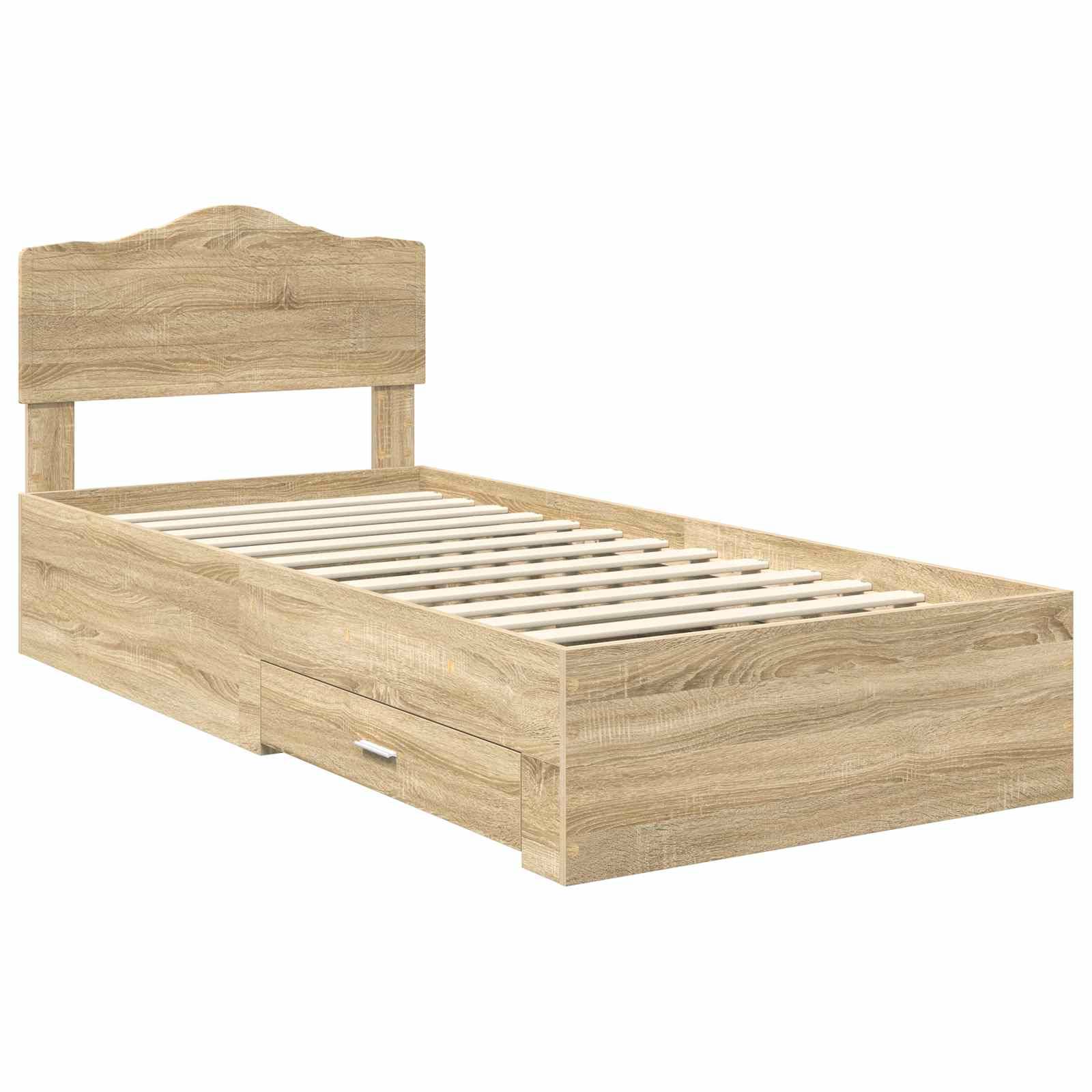 Ein Holz-Einzelbettgestell mit hohem Kopfteil, Lattenrost und einer Aufbewahrungsschublade darunter, in einer hellen Eichenoberfläche.