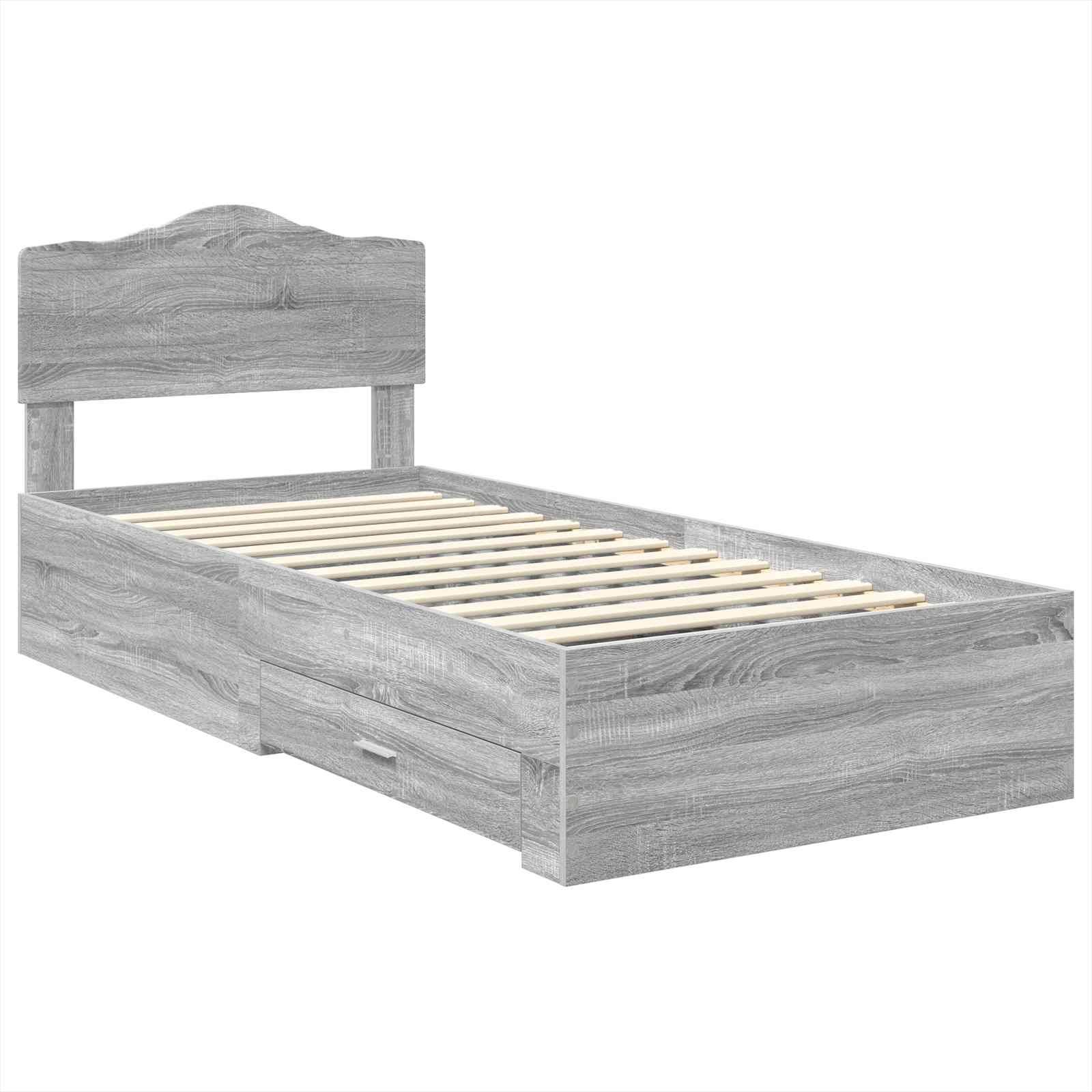 Ein grauer Holz-Einzelbettrahmen mit Lattenrost und Unterbett-Aufbewahrungsschubladen, geeignet für eine Schlafzimmereinrichtung.