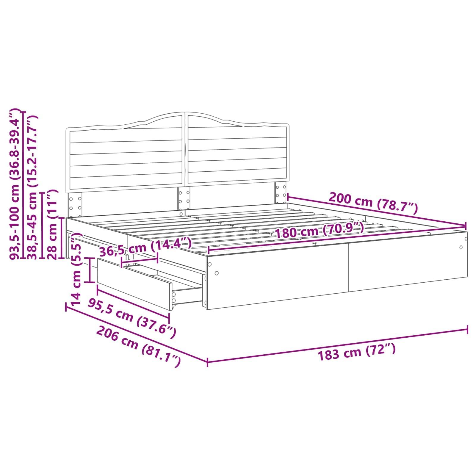 Bettrahmen-Spezifikationen mit Maßen: Höhe 95-100 cm, Breite 180 cm, Länge 200 cm. Seitenschublade Höhe 14 cm, Länge 95,5 cm.