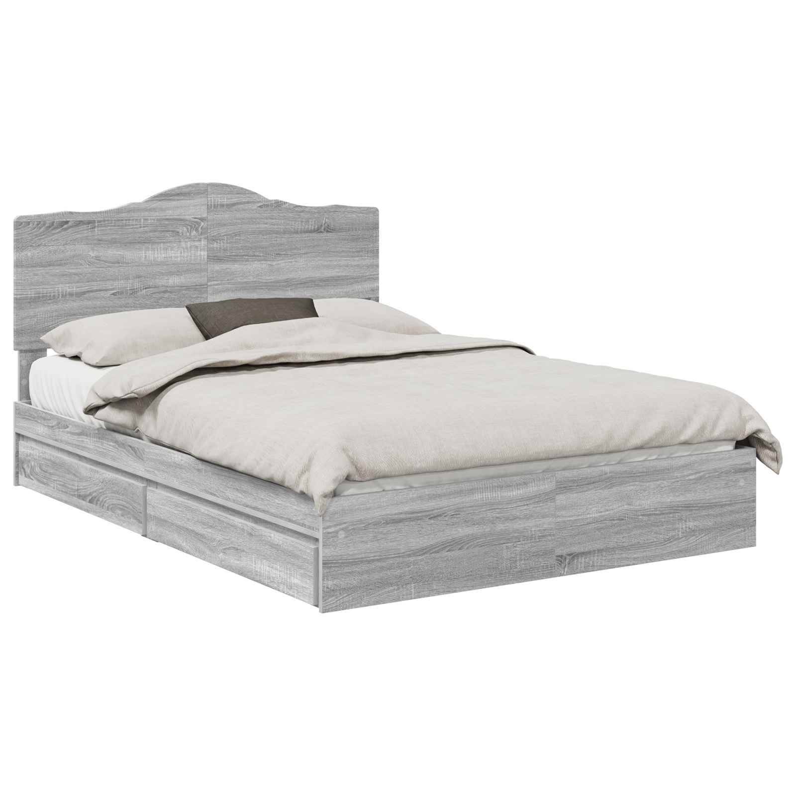 Ein grauer Holzbettrahmen mit hohem Kopfteil, ausgestattet mit weißer Bettwäsche und einer zusammengelegten grauen Decke, vor einem schlichten Hintergrund platziert.