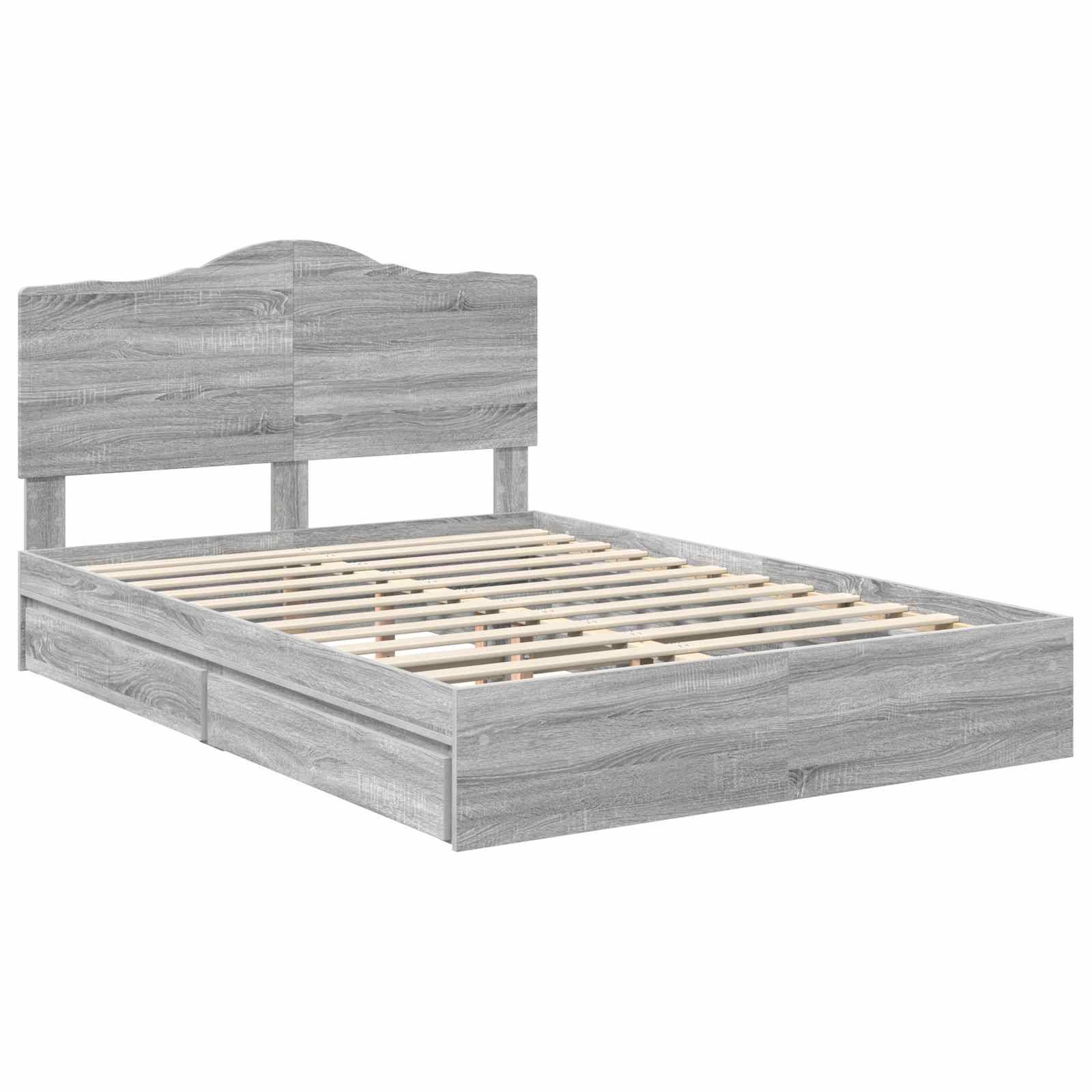 Ein grauer Holzbettrahmen mit Lattenrost, ausgestattet mit einem schlichten Kopfteil. Der Rahmen hat ein rechteckiges Design ohne Matratze.