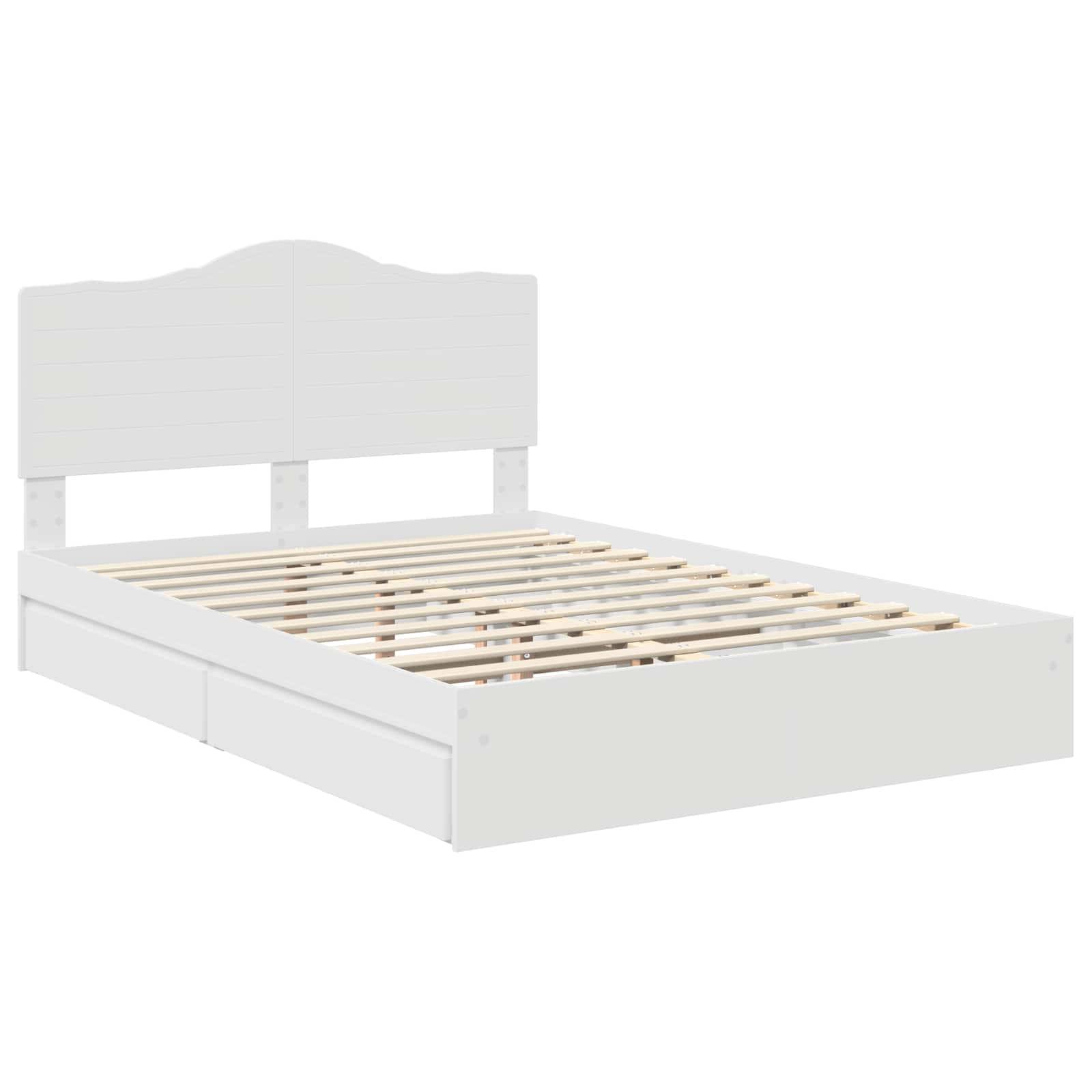 Ein weißer Holzbettrahmen mit einem schlichten Kopfteil und einer Lattenrost-Basis, ohne Matratze dargestellt.