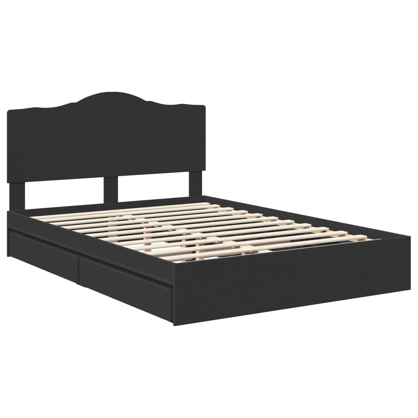 Schwarzer Holz-Bettrahmen mit Kopfteil und Lattenrost, mit minimalistischem Design.