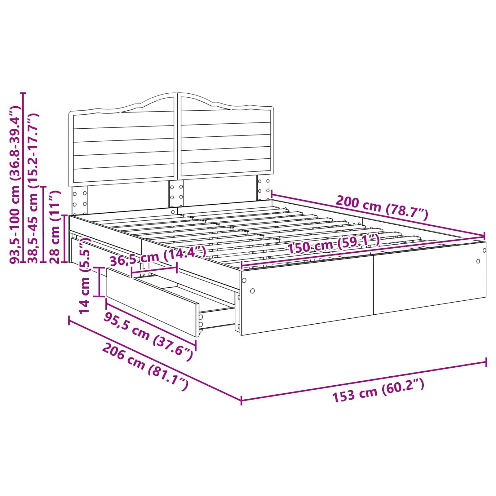 Dimensionierte Skizze eines Bettgestells mit Kopfteil und Unterbettstauraum. Gesamtabmessungen: Breite 153 cm, Länge 206 cm, Höhe 95,5 cm.