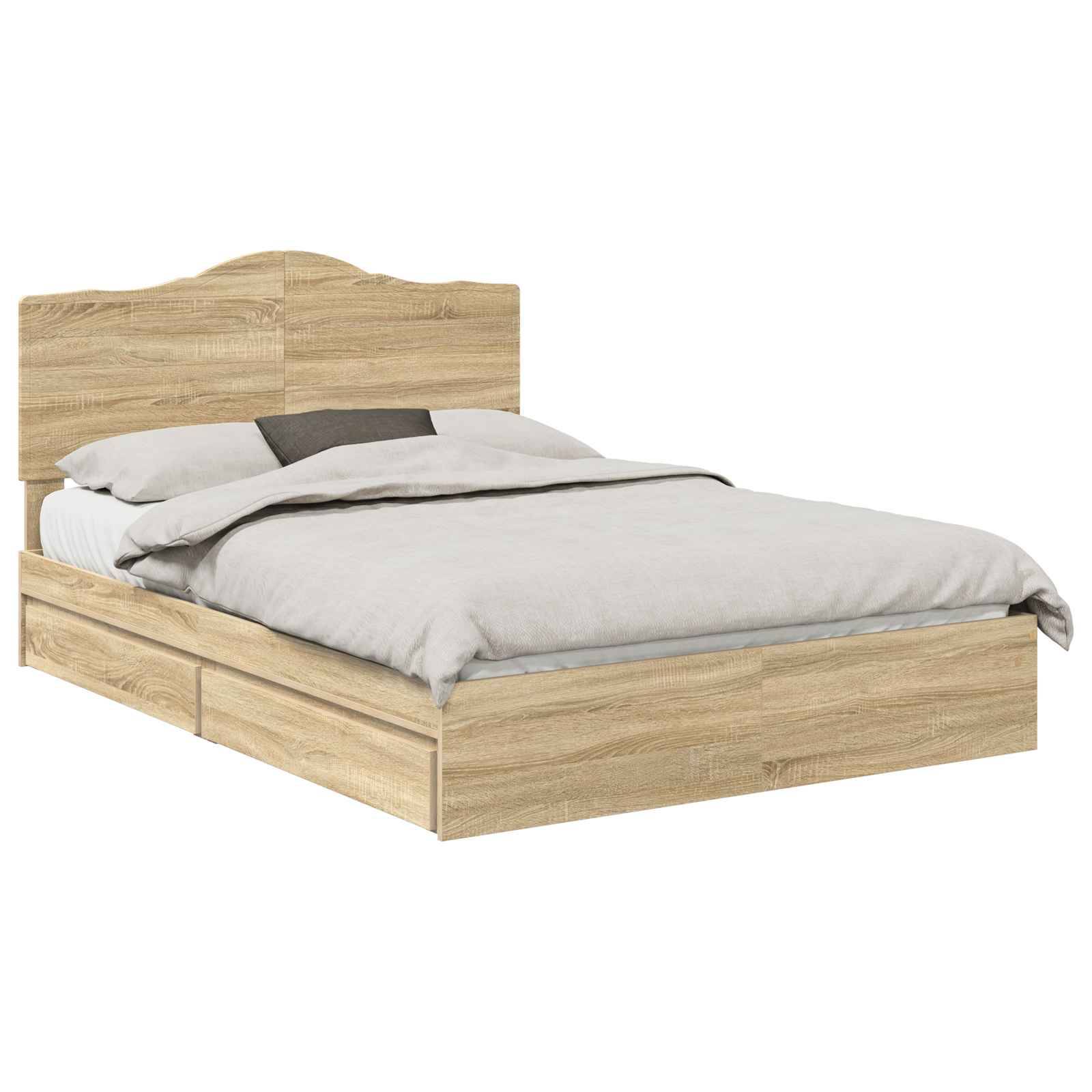 Ein Holz-Doppelbett mit Kopfteil, weiße Bettwäsche und zwei Kissen wird gezeigt. Das Design ist schlicht und modern mit einem hellen Holzfinish.