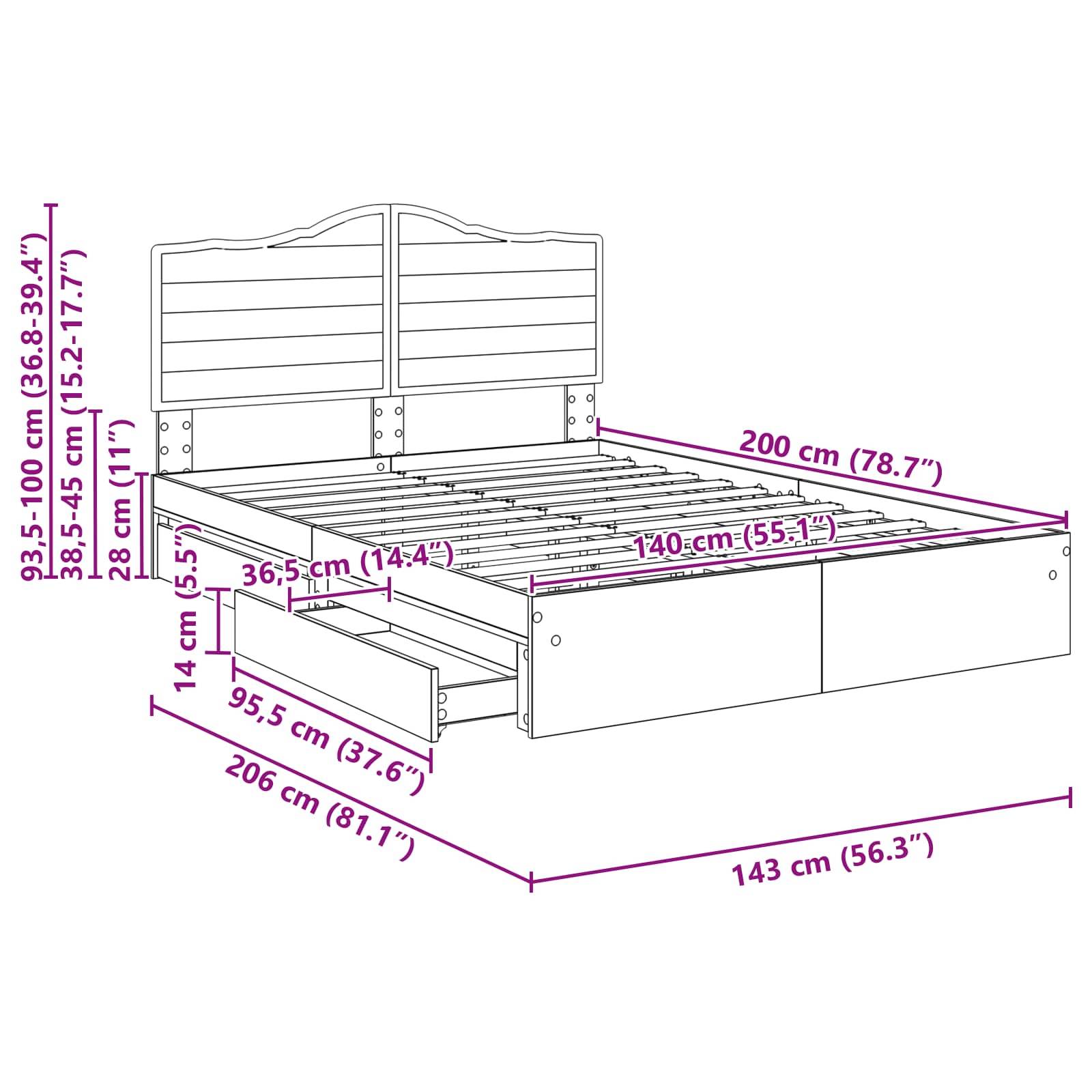 Bettdiagramm mit Abmessungen: Höhe 93,5-100 cm, Breite 143 cm, Länge 206 cm. Bett mit seitlichen Schubladen und Kopfbrettdetail.