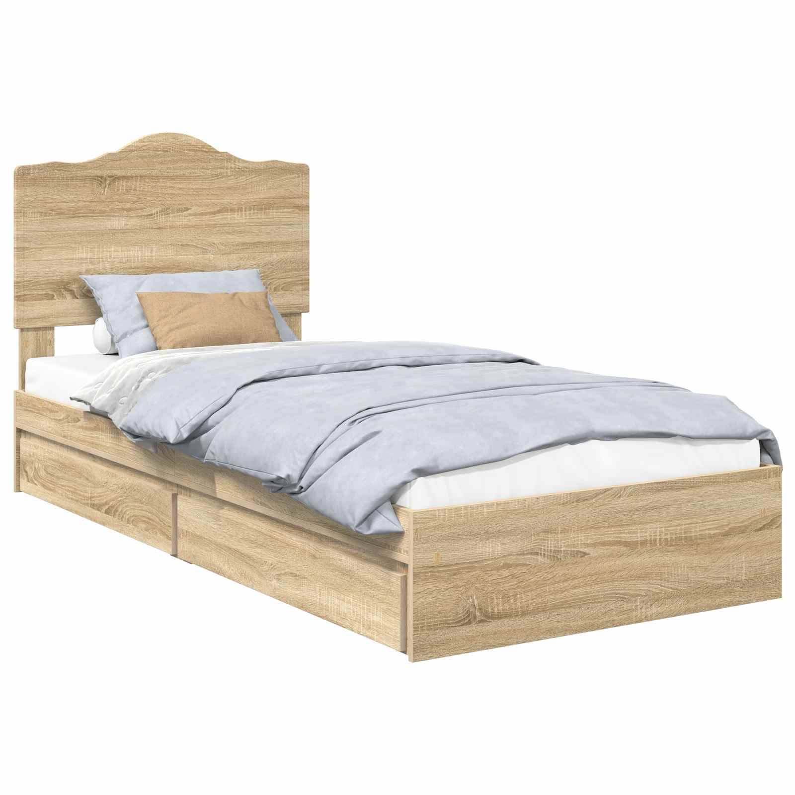 Ein Holz-Einzelbett mit einer hellen Holzoberfläche verfügt über ein hohes Kopfteil, weiche graue Bettwäsche und ein beiges Kissen, was einen gemütlichen Eindruck vermittelt.