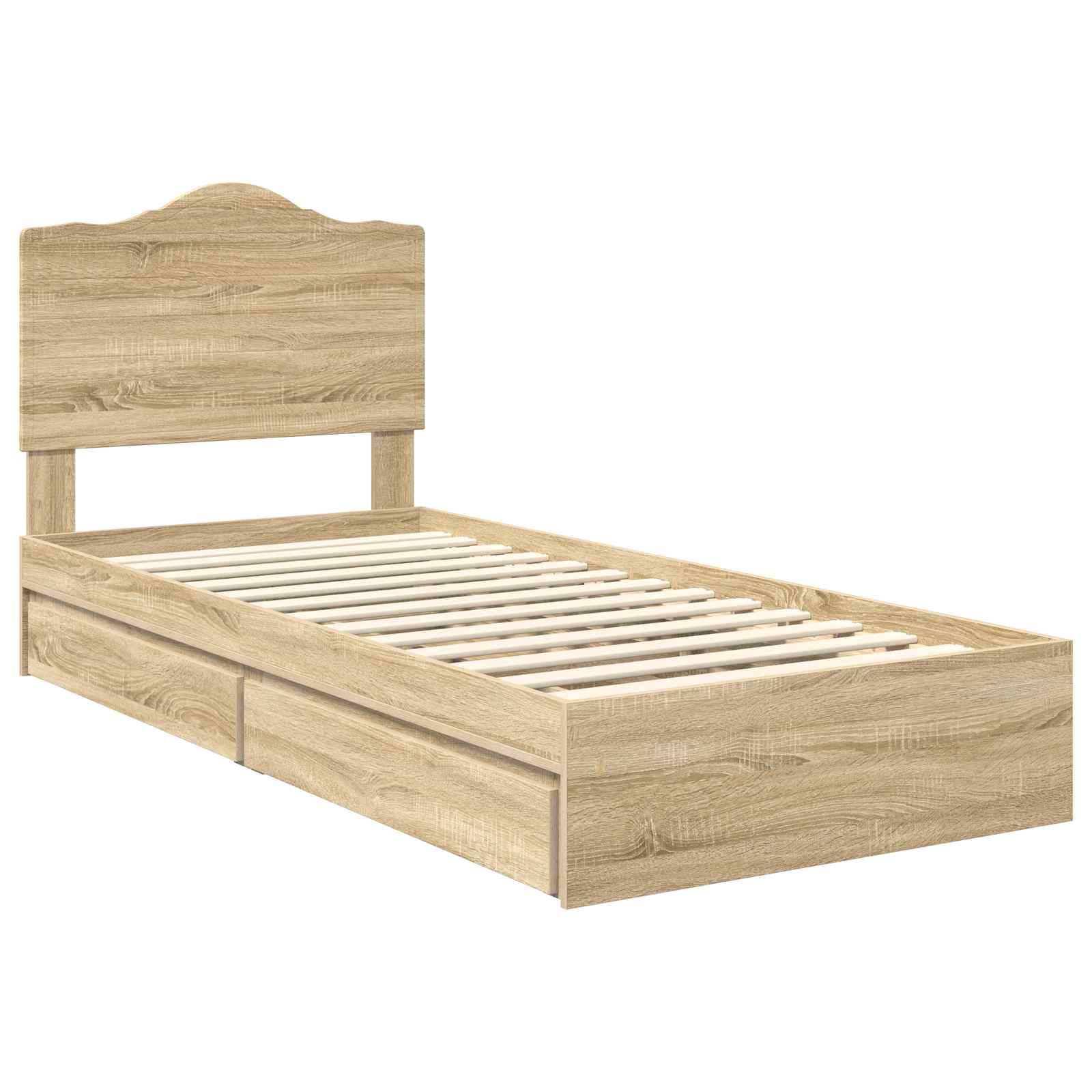 Ein Holzbettgestell mit hohem Kopfteil und zwei Schubladen darunter. Die Querlatten sind sichtbar und zeigen, wo eine Matratze ruhen würde.